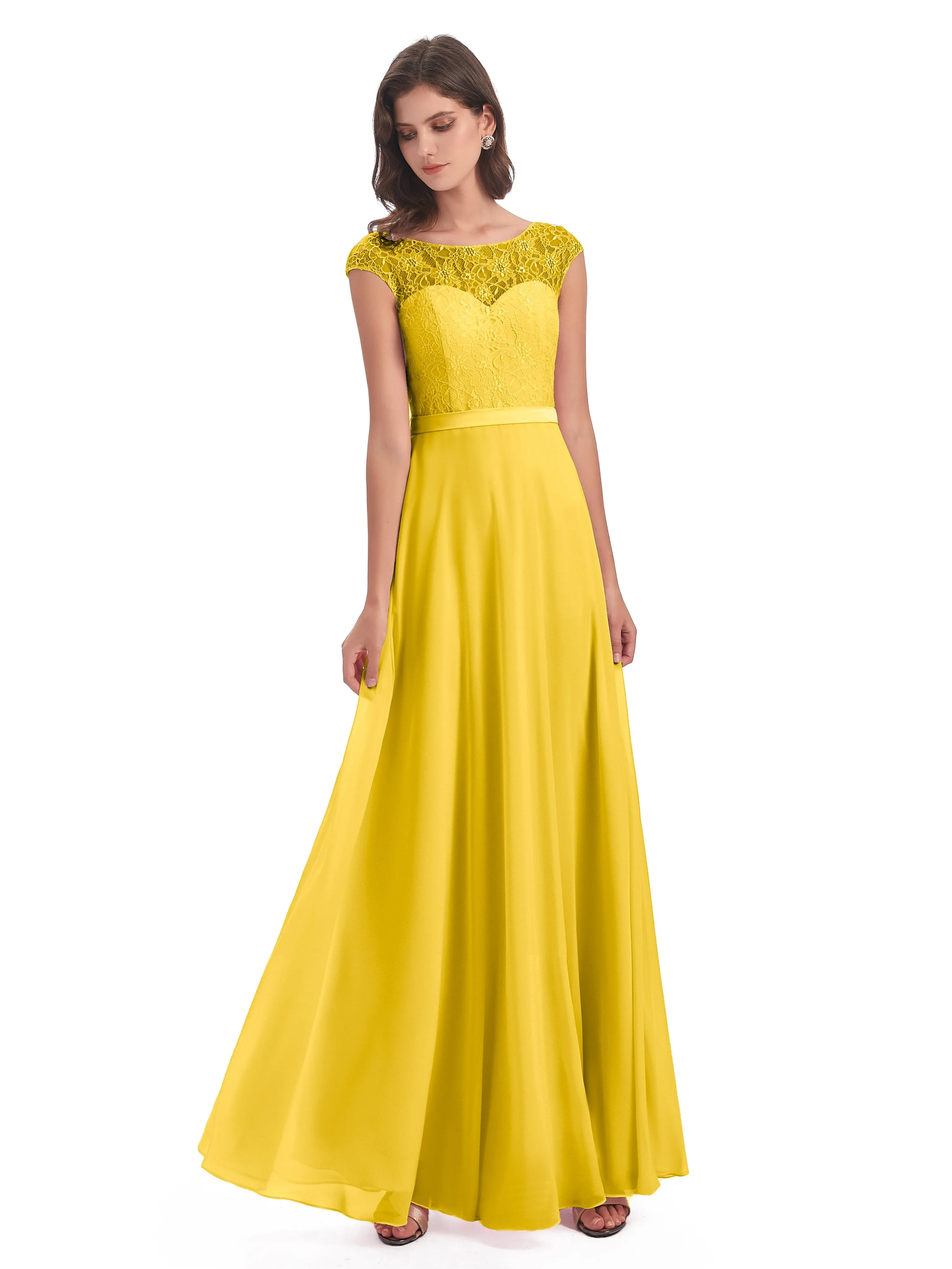 Anna Elegant Lace Cap Sleeves Long Bridesmaid Dresses