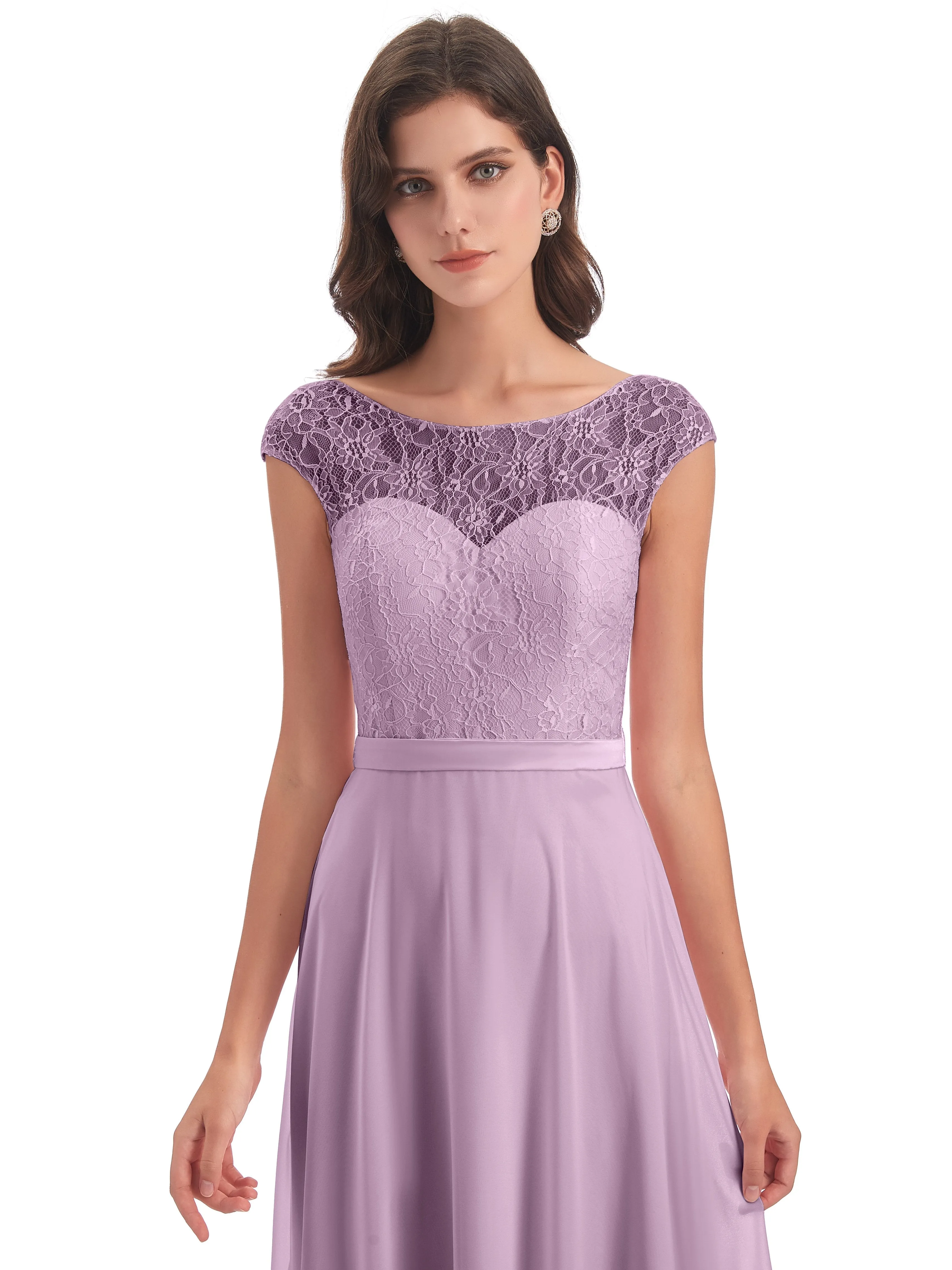 Anna Elegant Lace Cap Sleeves Long Bridesmaid Dresses