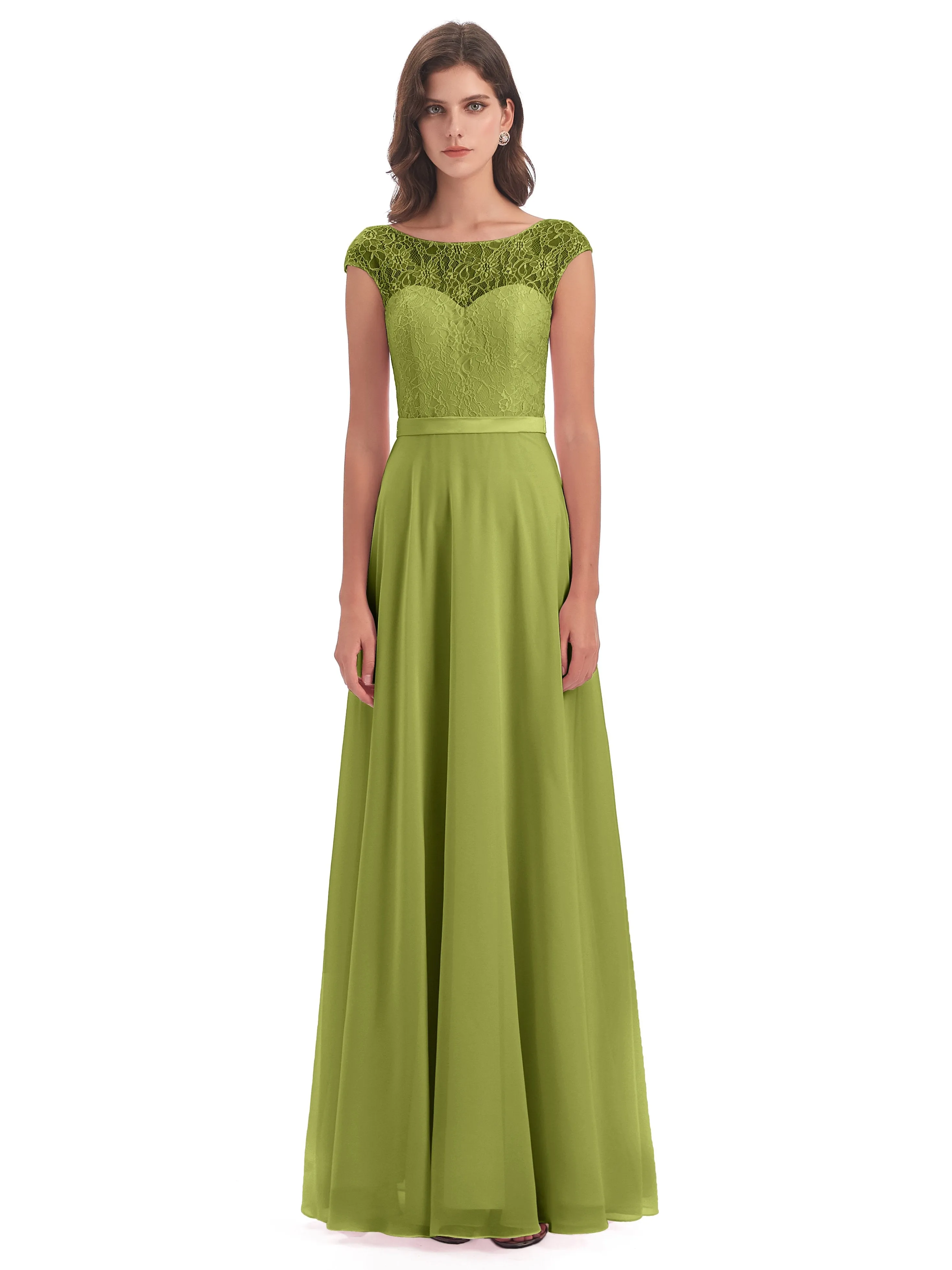 Anna Elegant Lace Cap Sleeves Long Bridesmaid Dresses