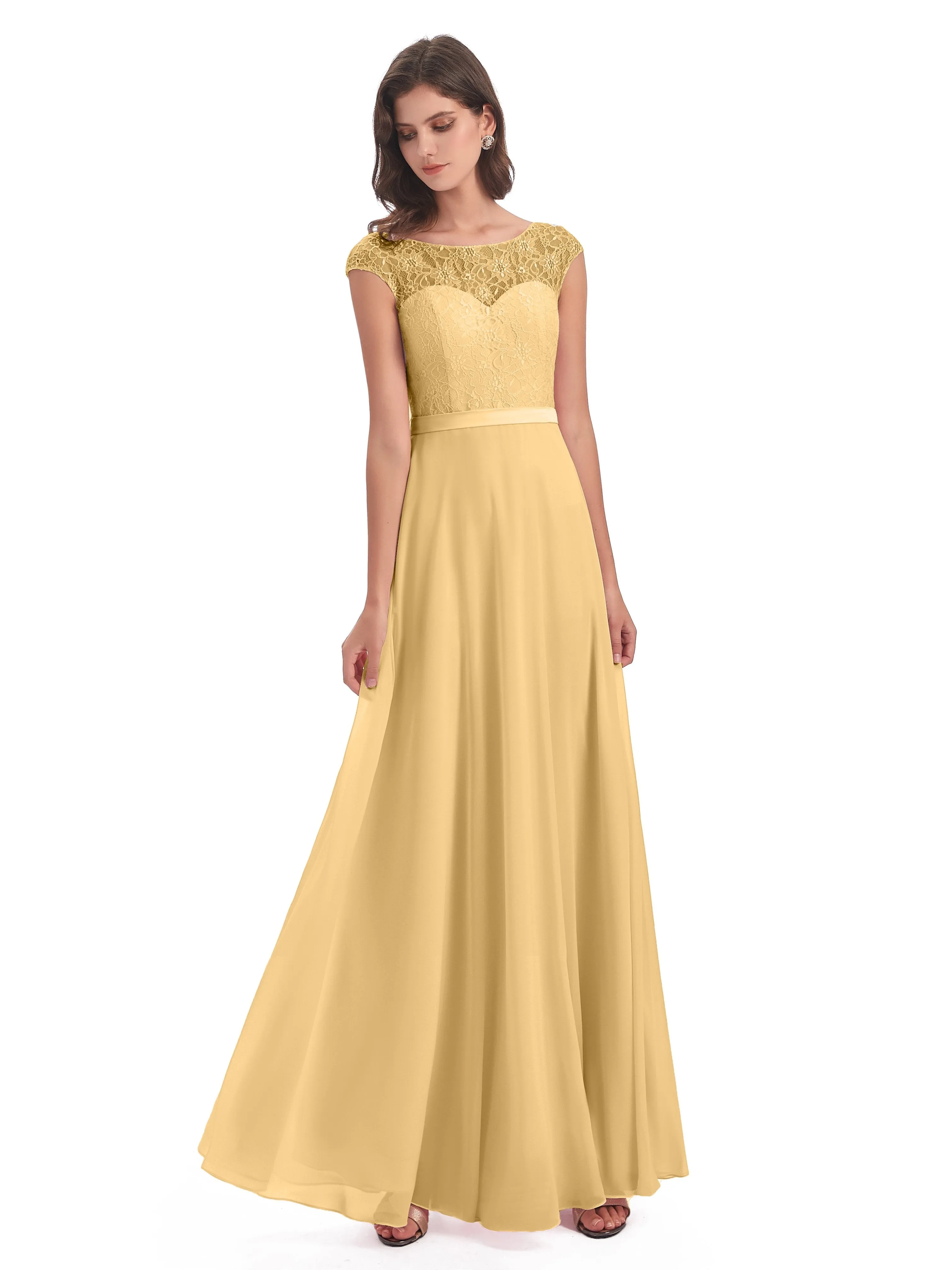 Anna Elegant Lace Cap Sleeves Long Bridesmaid Dresses