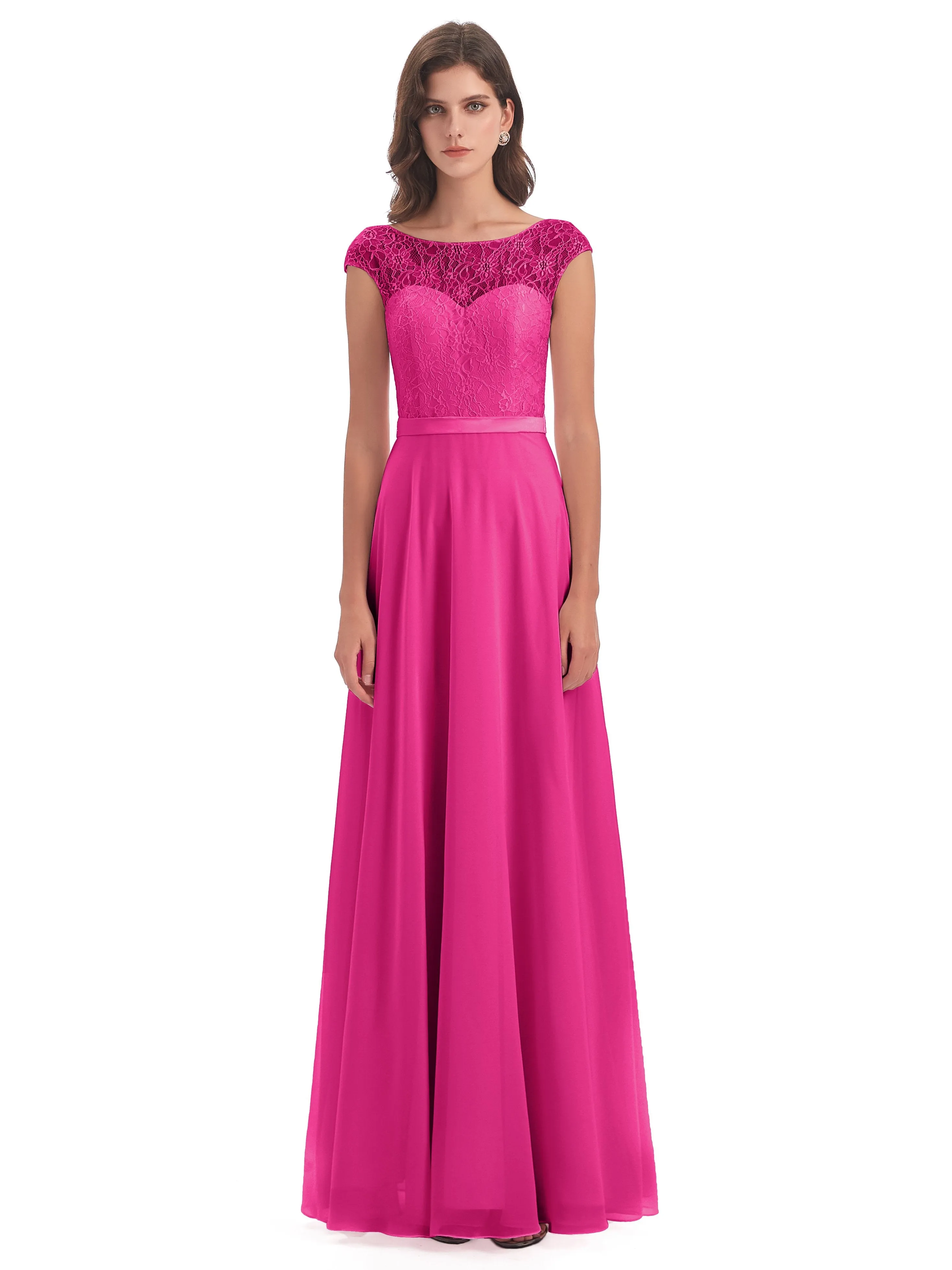 Anna Elegant Lace Cap Sleeves Long Bridesmaid Dresses