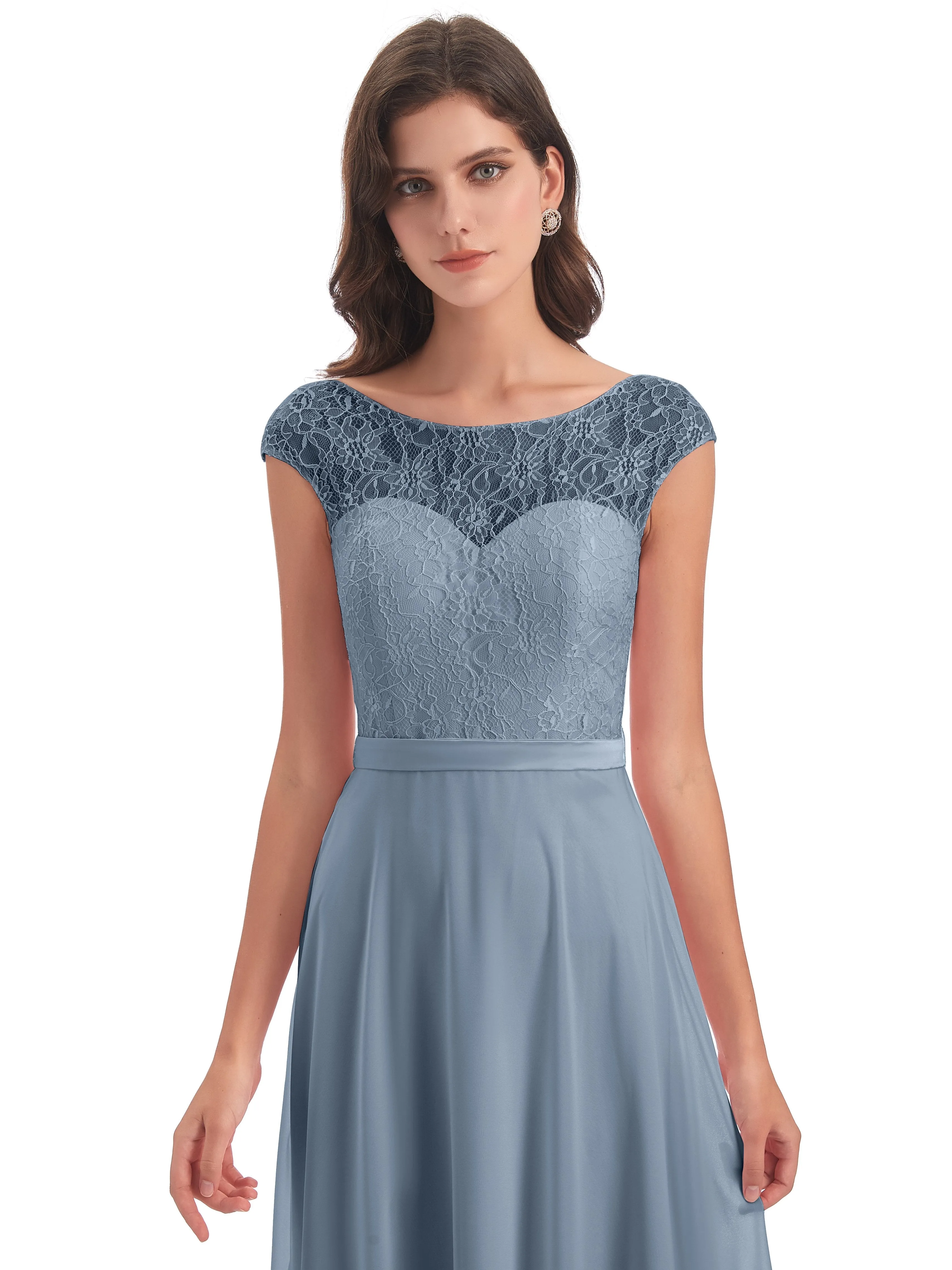 Anna Elegant Lace Cap Sleeves Long Bridesmaid Dresses