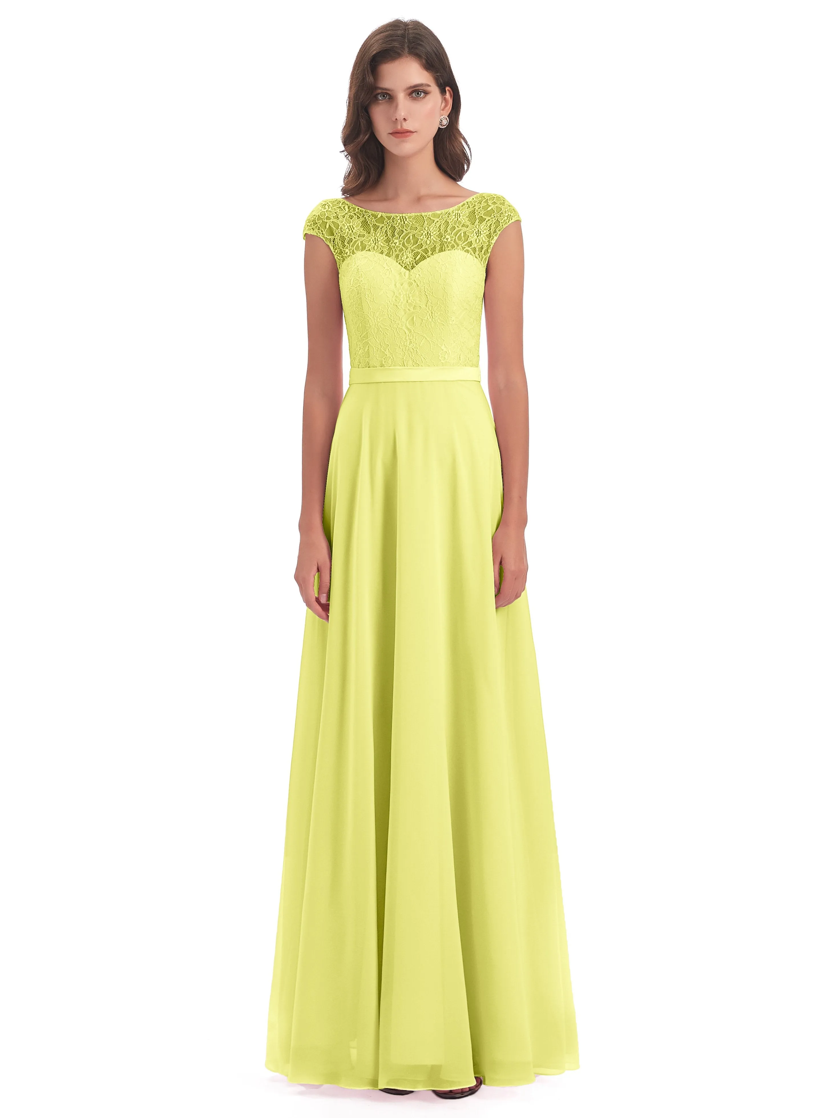 Anna Elegant Lace Cap Sleeves Long Bridesmaid Dresses