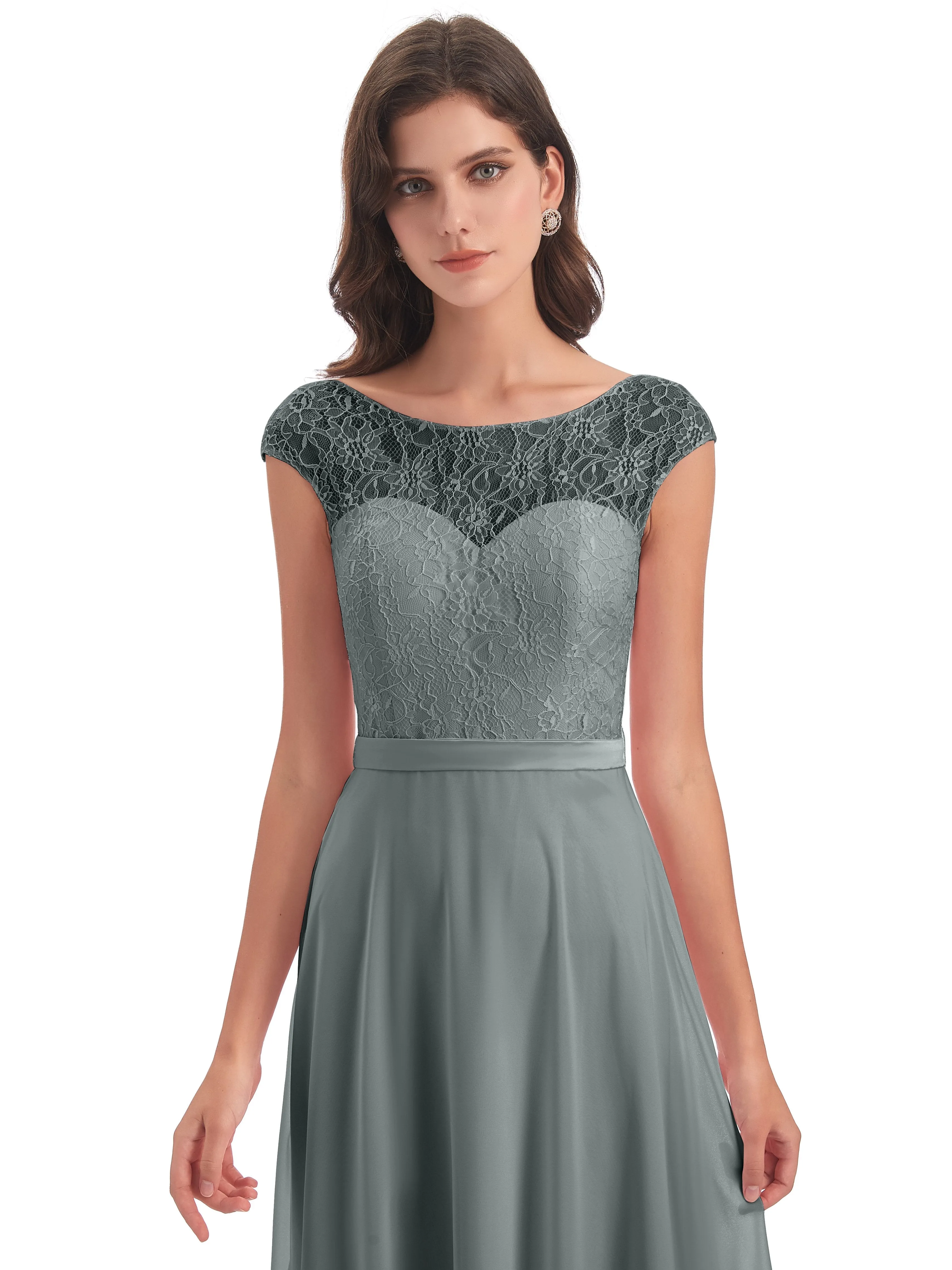 Anna Elegant Lace Cap Sleeves Long Bridesmaid Dresses