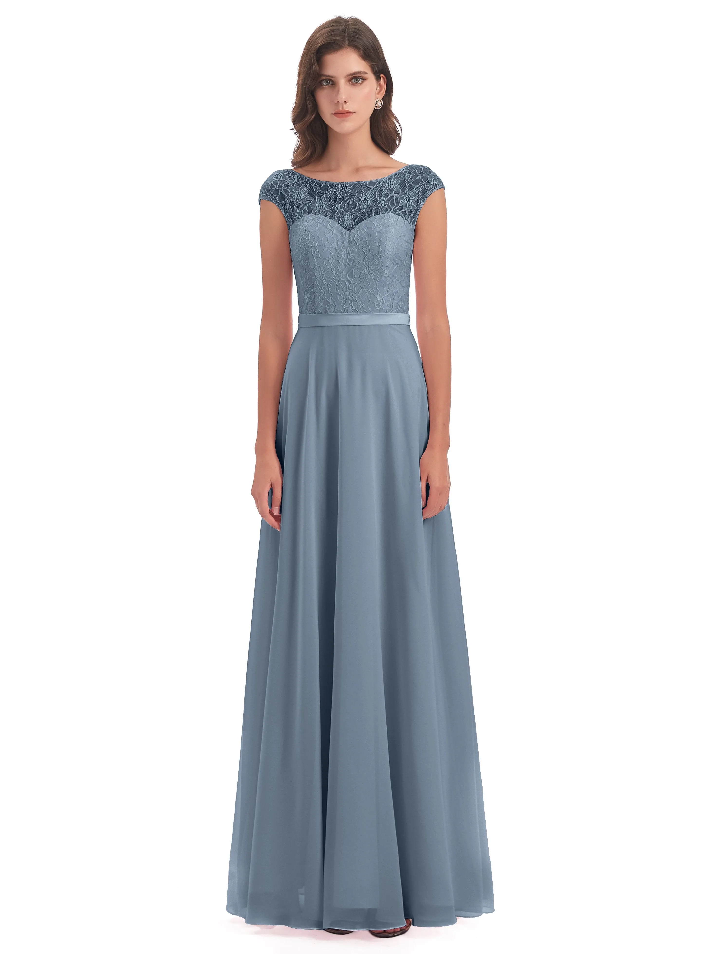 Anna Elegant Lace Cap Sleeves Long Bridesmaid Dresses