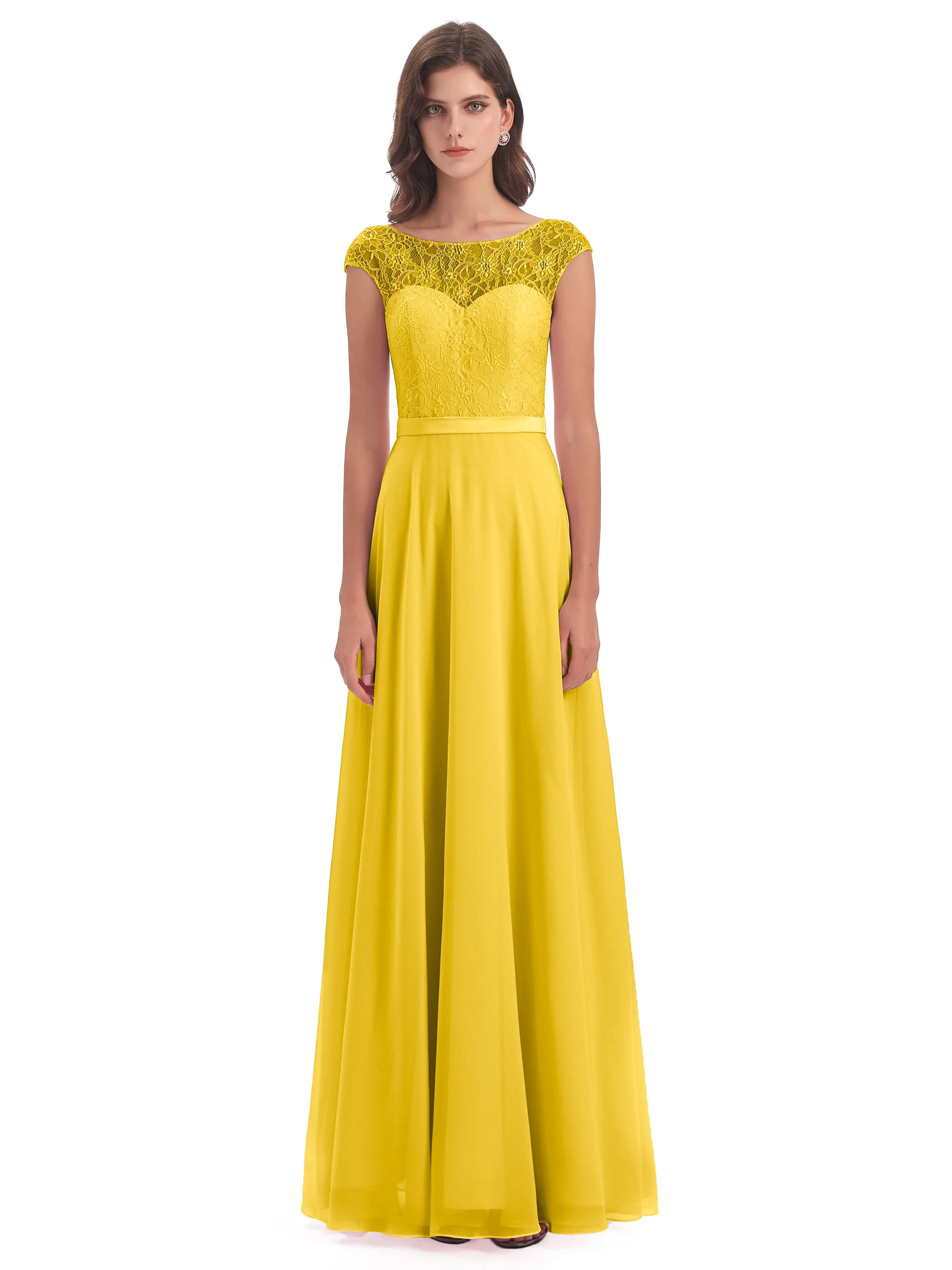 Anna Elegant Lace Cap Sleeves Long Bridesmaid Dresses