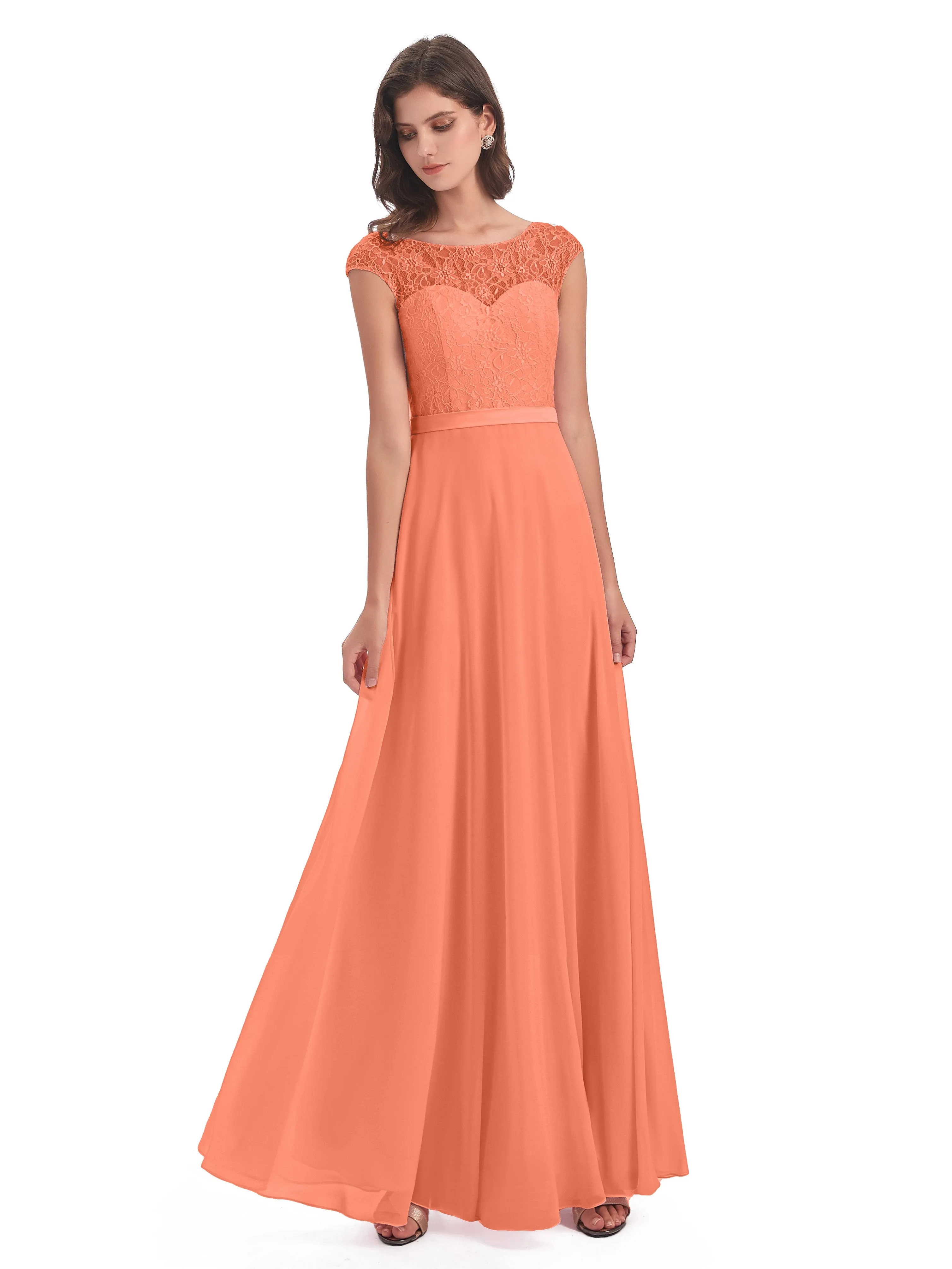 Anna Elegant Lace Cap Sleeves Long Bridesmaid Dresses