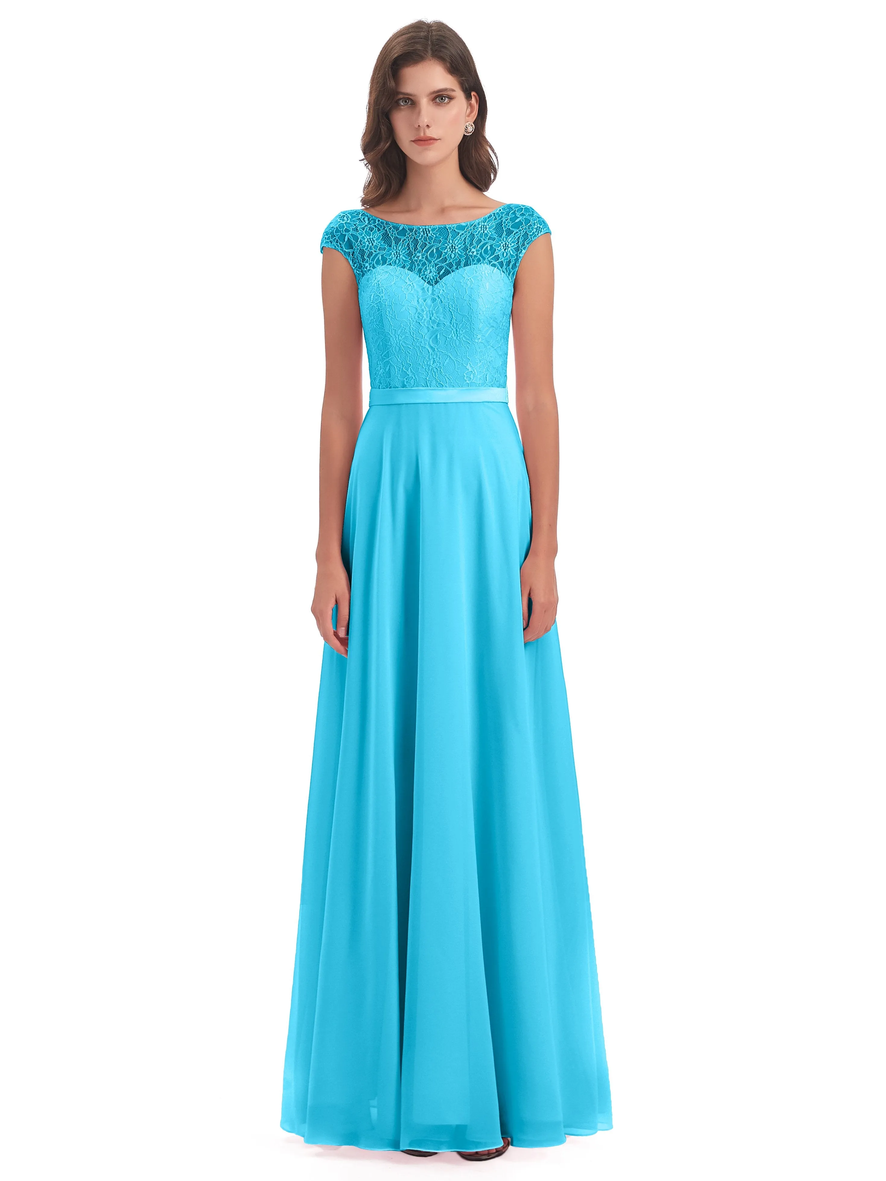 Anna Elegant Lace Cap Sleeves Long Bridesmaid Dresses