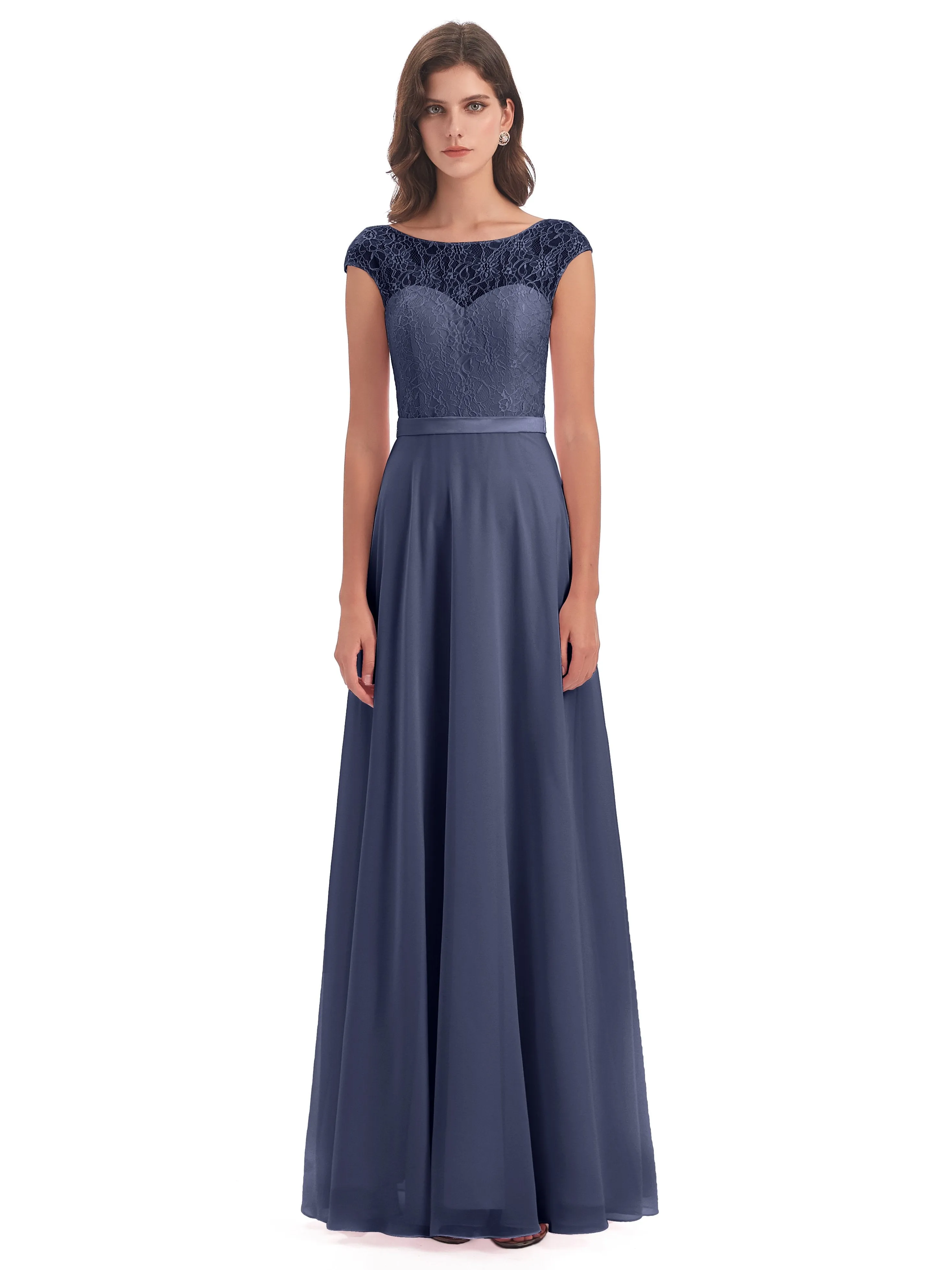 Anna Elegant Lace Cap Sleeves Long Bridesmaid Dresses