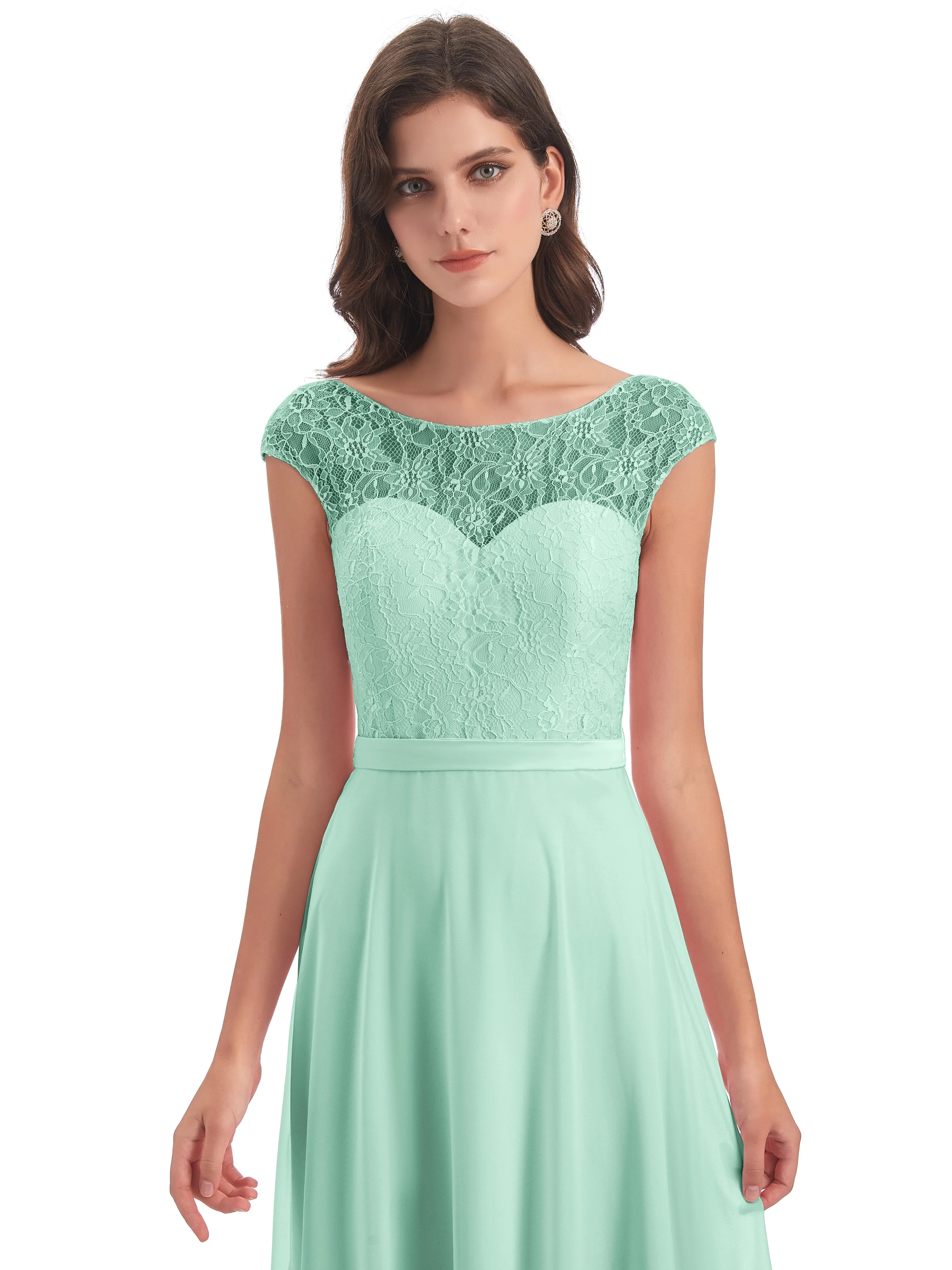 Anna Elegant Lace Cap Sleeves Long Bridesmaid Dresses