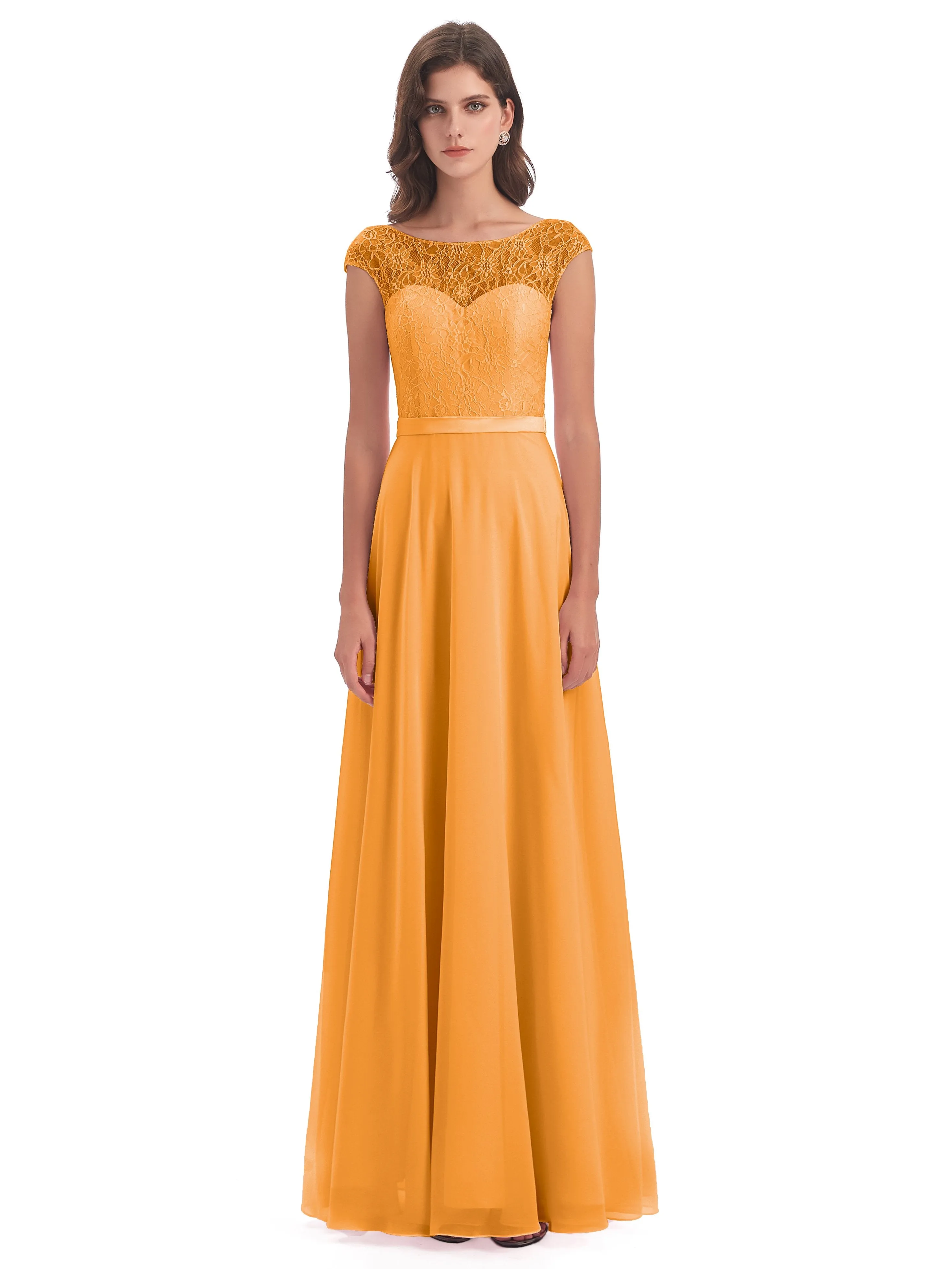 Anna Elegant Lace Cap Sleeves Long Bridesmaid Dresses