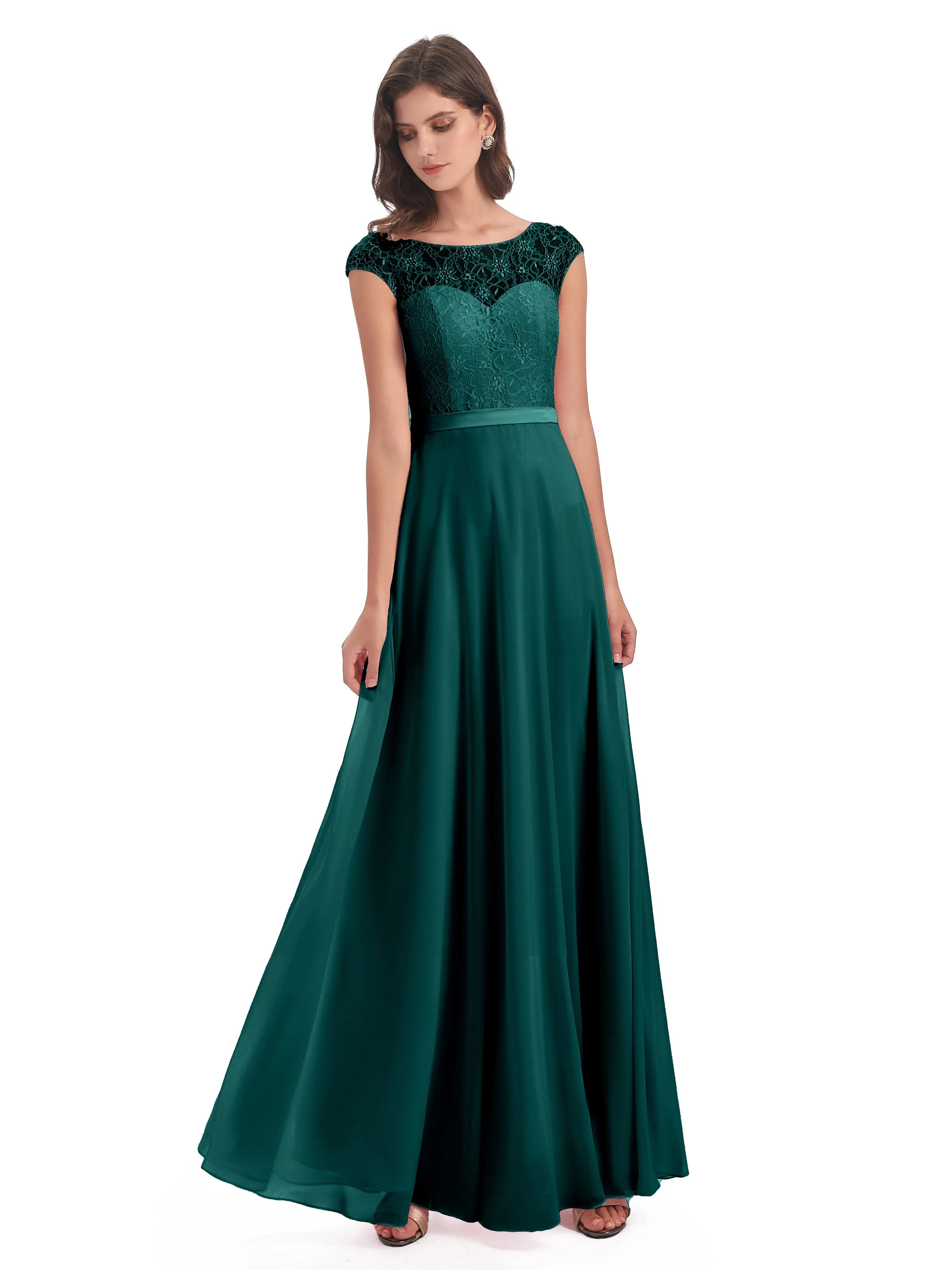 Anna Elegant Lace Cap Sleeves Long Bridesmaid Dresses