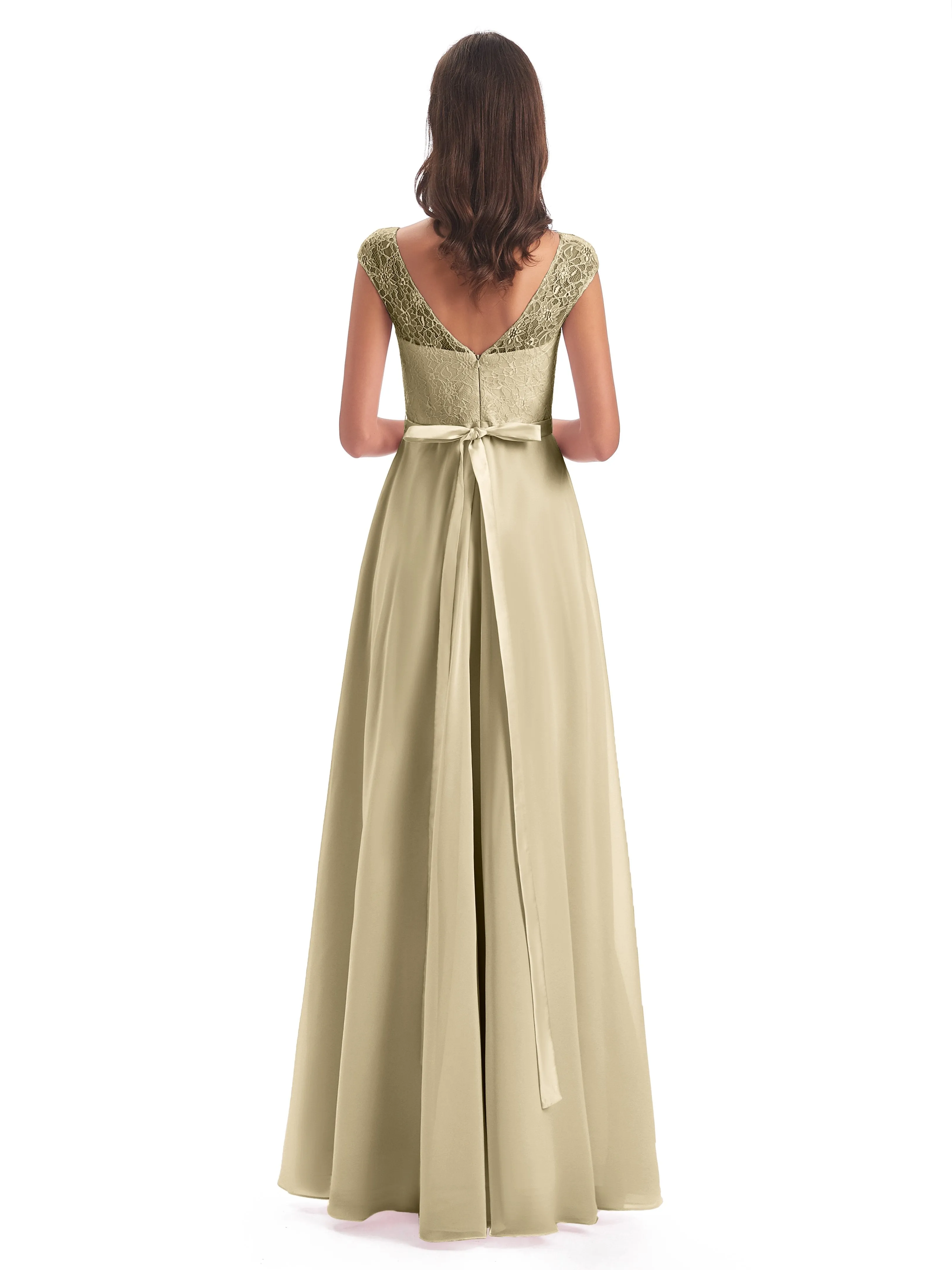 Anna Elegant Lace Cap Sleeves Long Bridesmaid Dresses