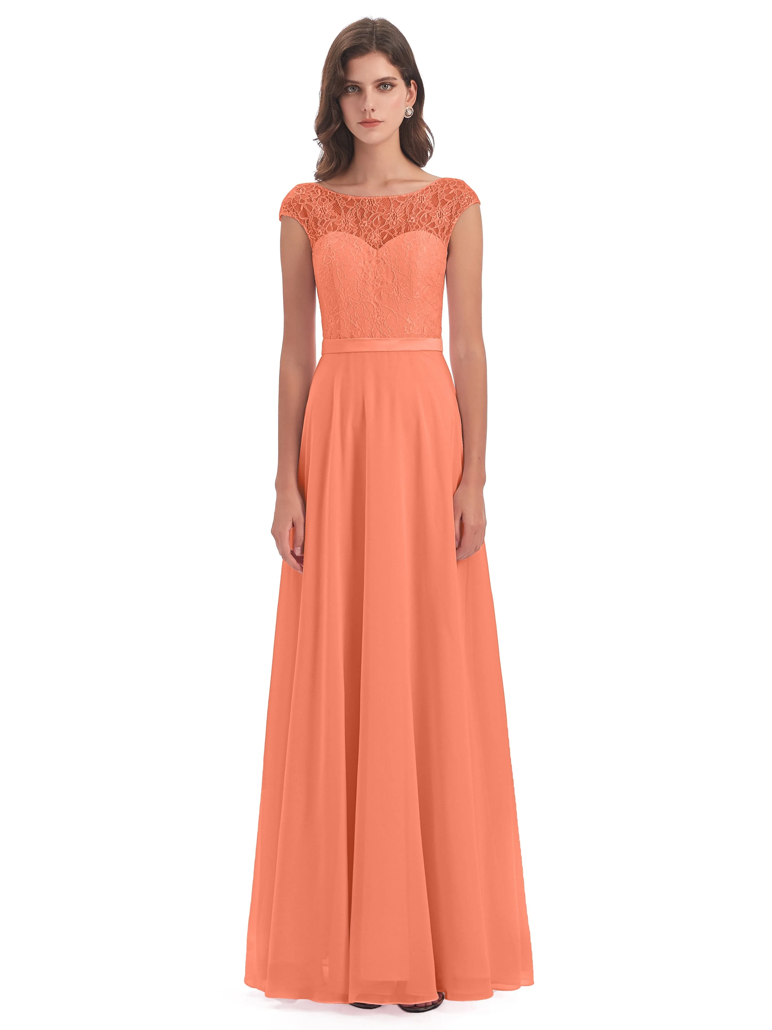 Anna Elegant Lace Cap Sleeves Long Bridesmaid Dresses