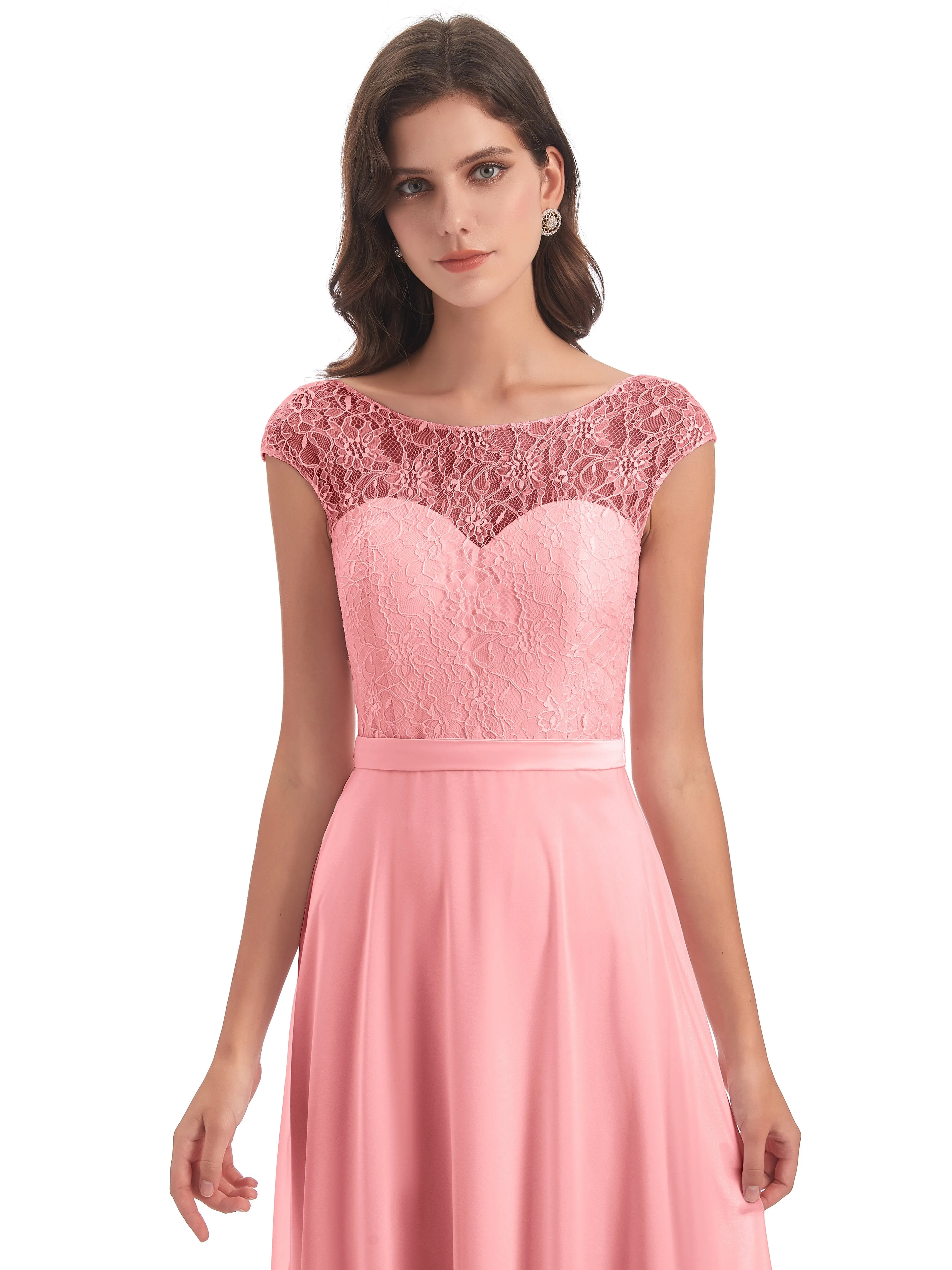 Anna Elegant Lace Cap Sleeves Long Bridesmaid Dresses