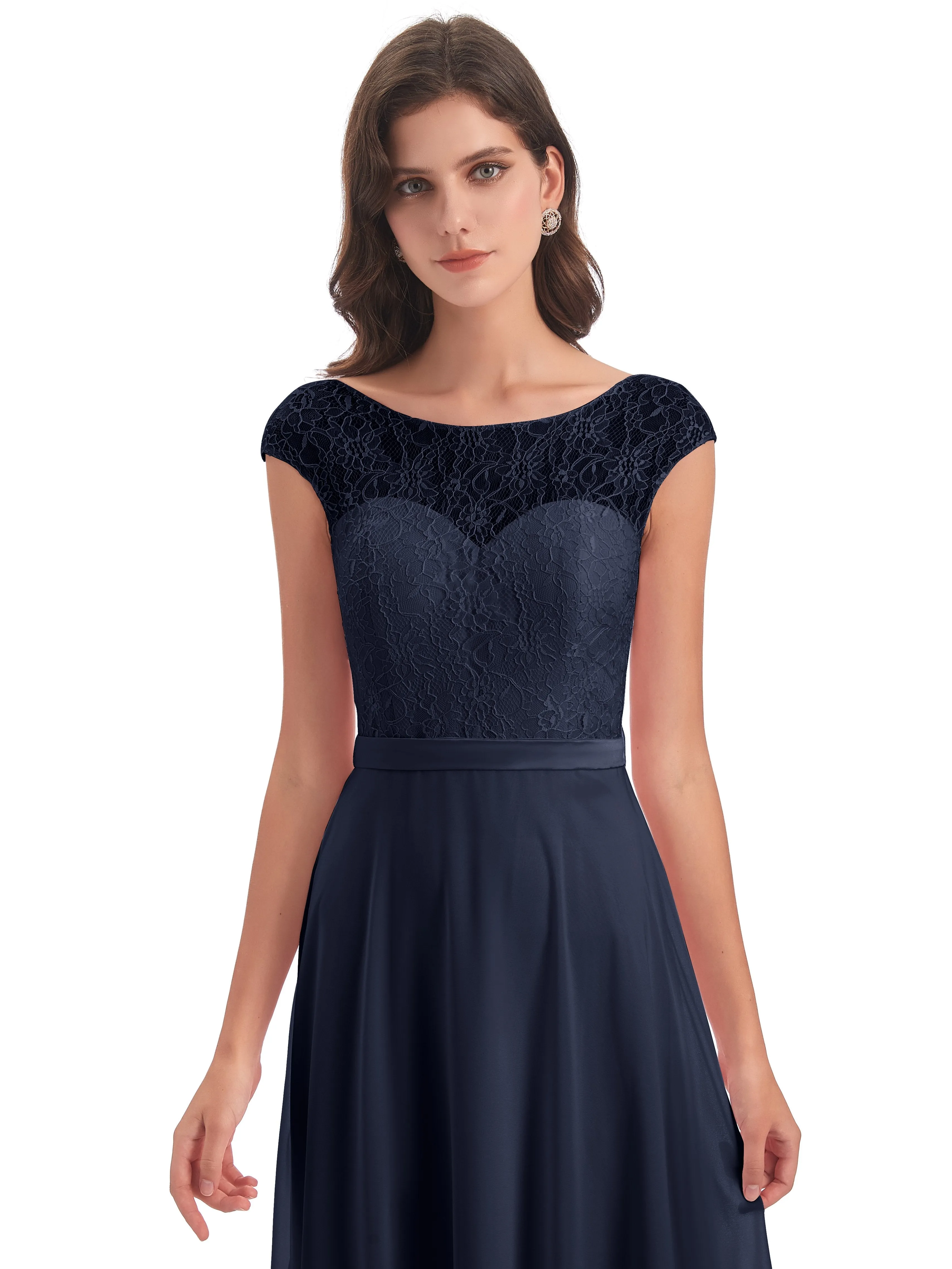 Anna Elegant Lace Cap Sleeves Long Bridesmaid Dresses