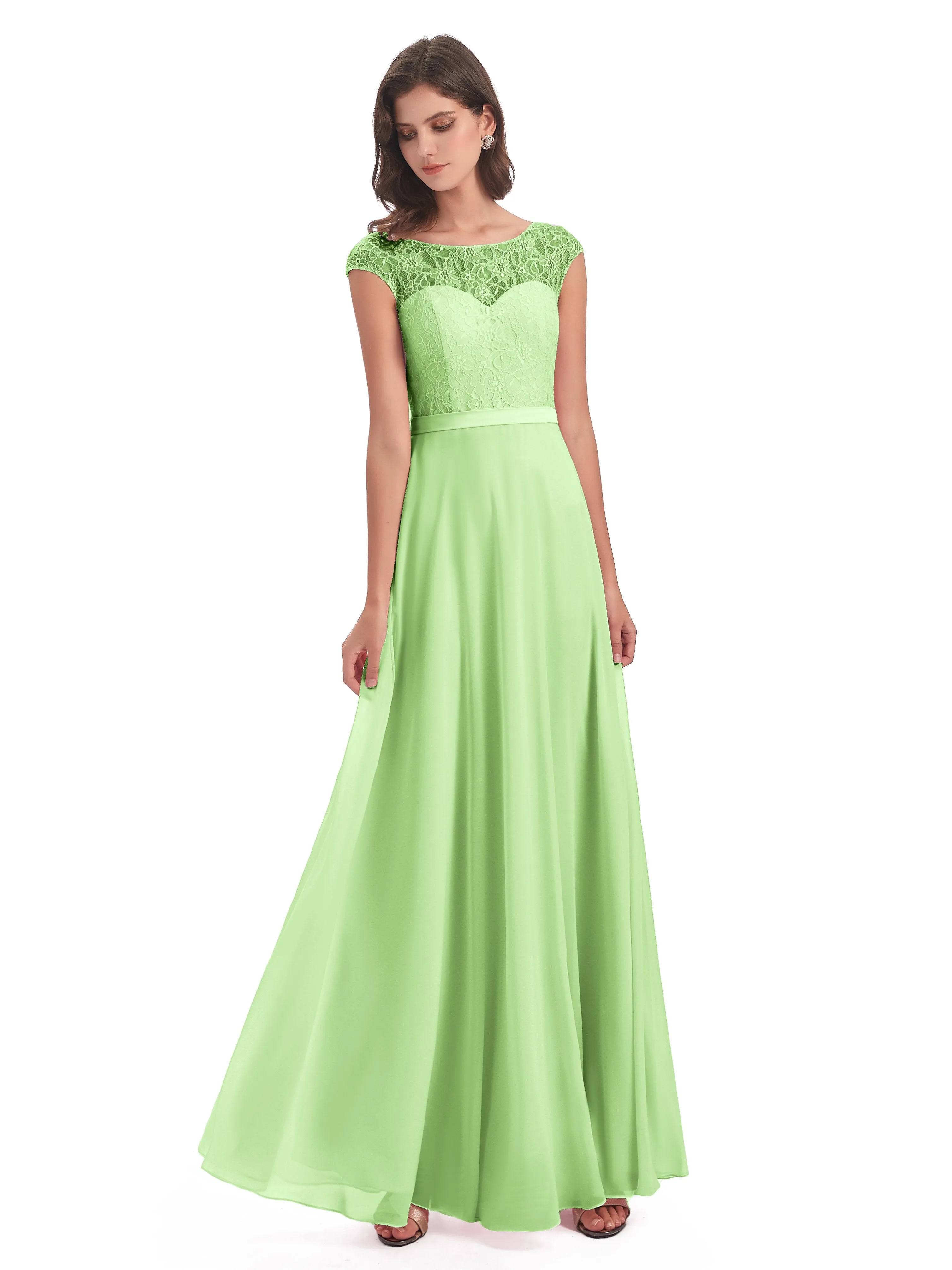 Anna Elegant Lace Cap Sleeves Long Bridesmaid Dresses