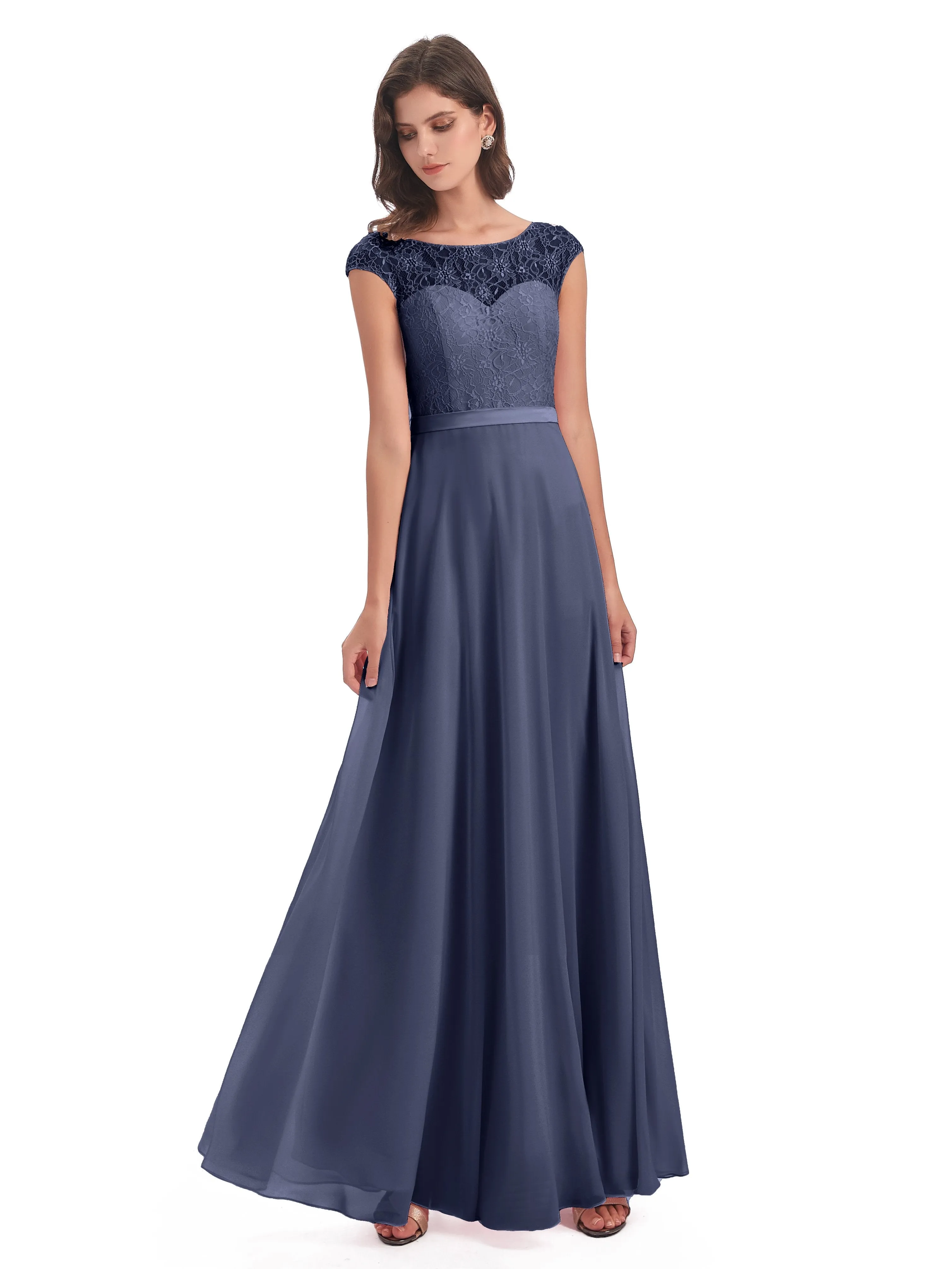 Anna Elegant Lace Cap Sleeves Long Bridesmaid Dresses