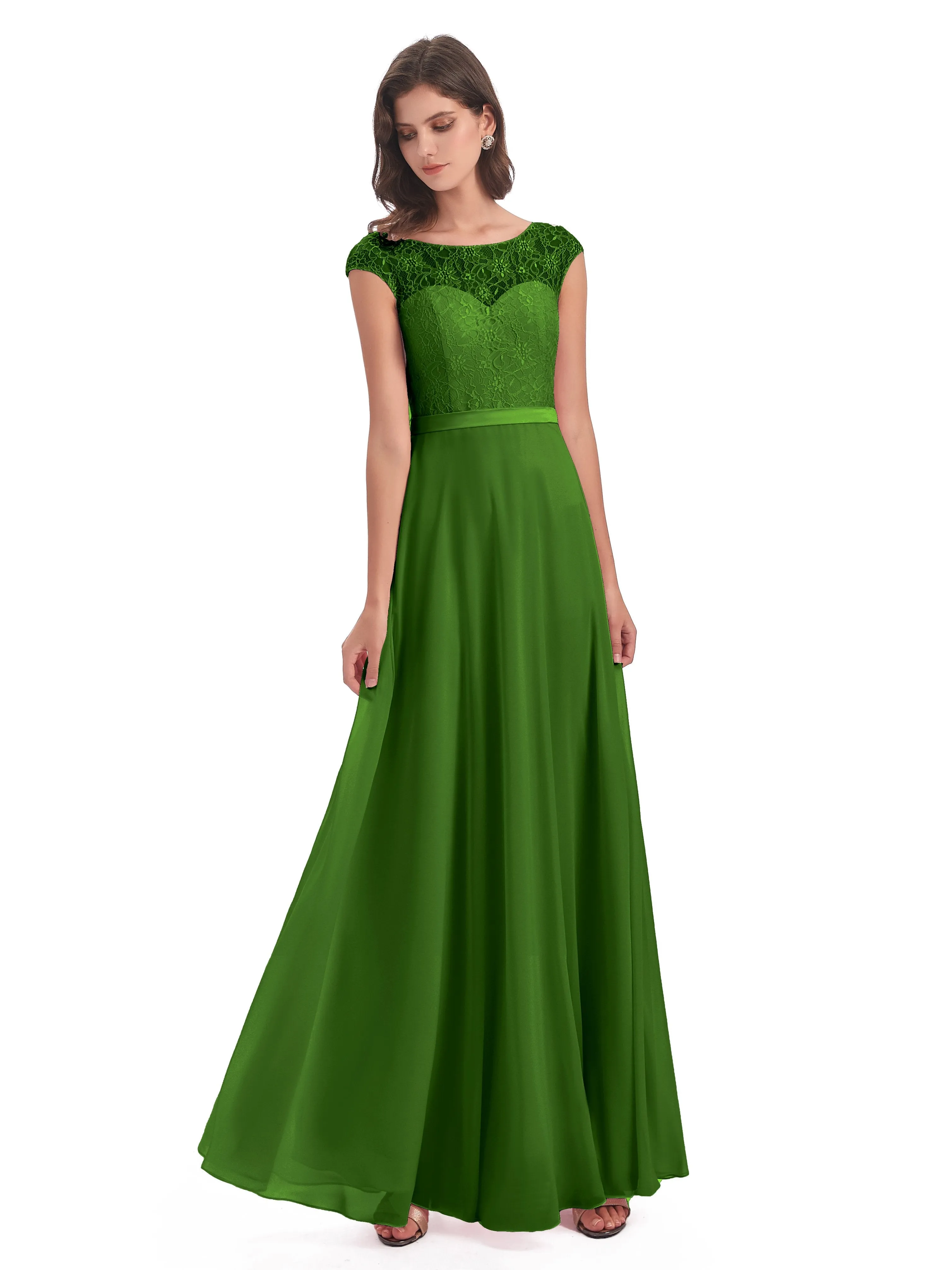 Anna Elegant Lace Cap Sleeves Long Bridesmaid Dresses