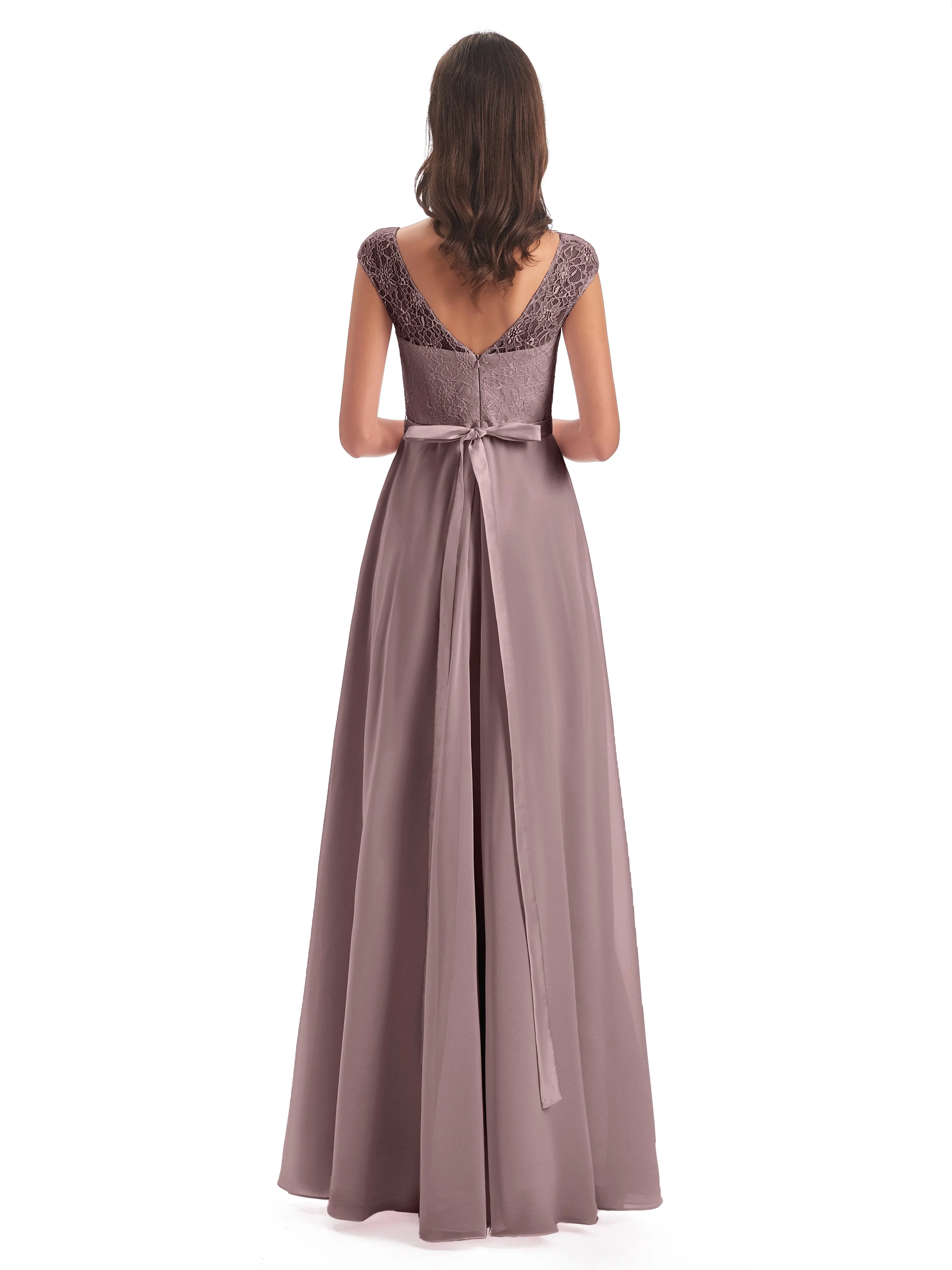 Anna Elegant Lace Cap Sleeves Long Bridesmaid Dresses