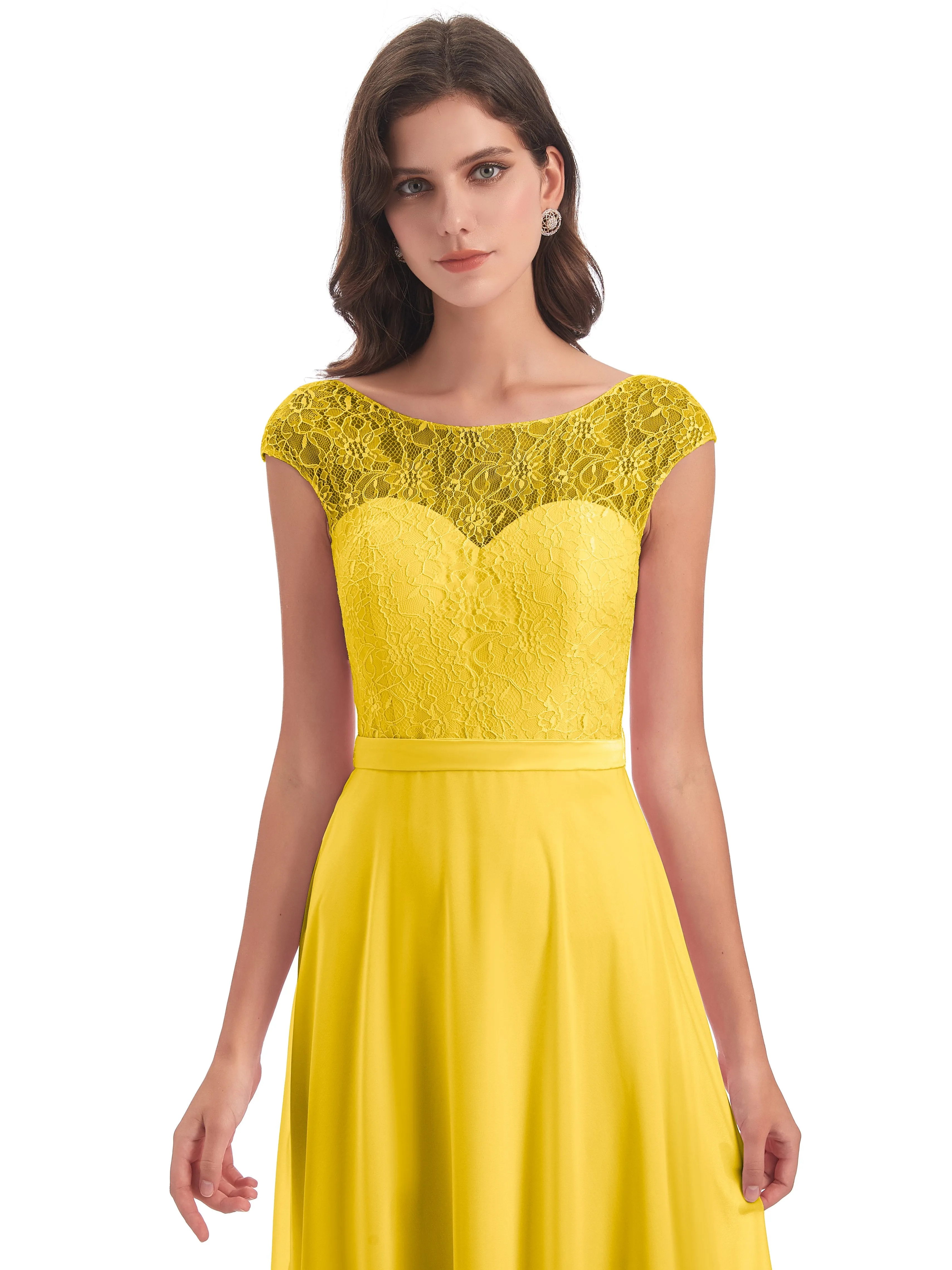 Anna Elegant Lace Cap Sleeves Long Bridesmaid Dresses