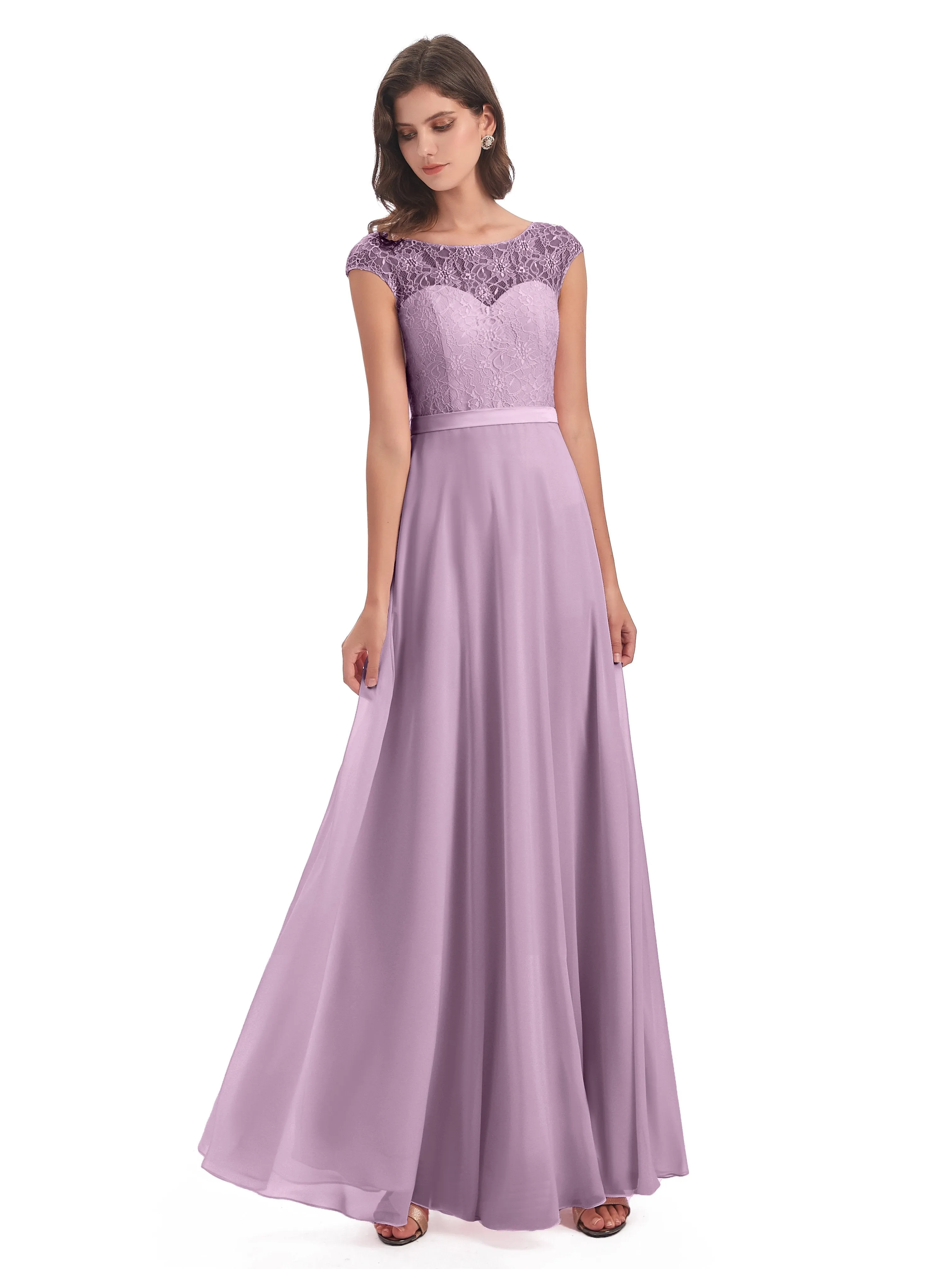 Anna Elegant Lace Cap Sleeves Long Bridesmaid Dresses