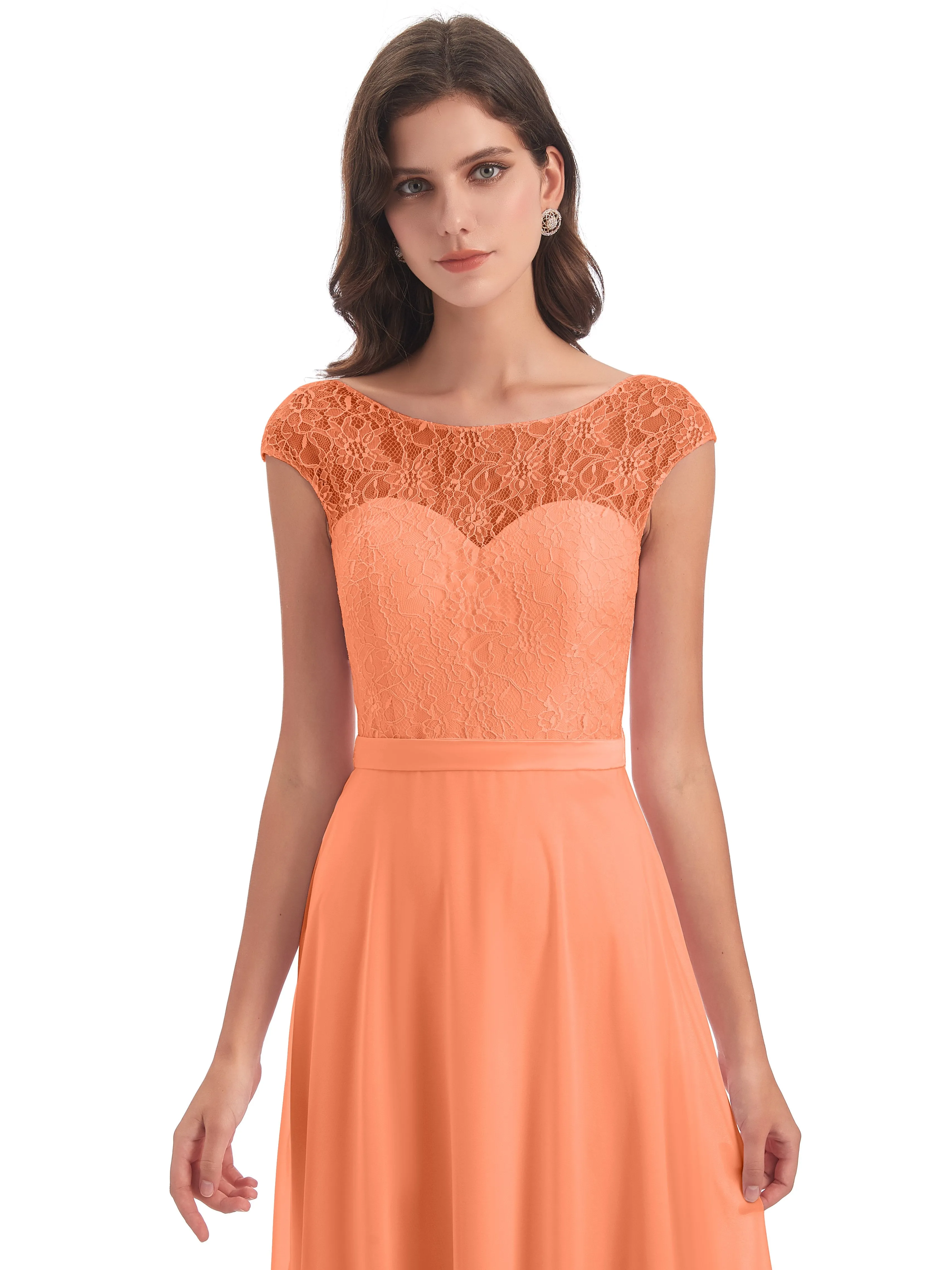 Anna Elegant Lace Cap Sleeves Long Bridesmaid Dresses