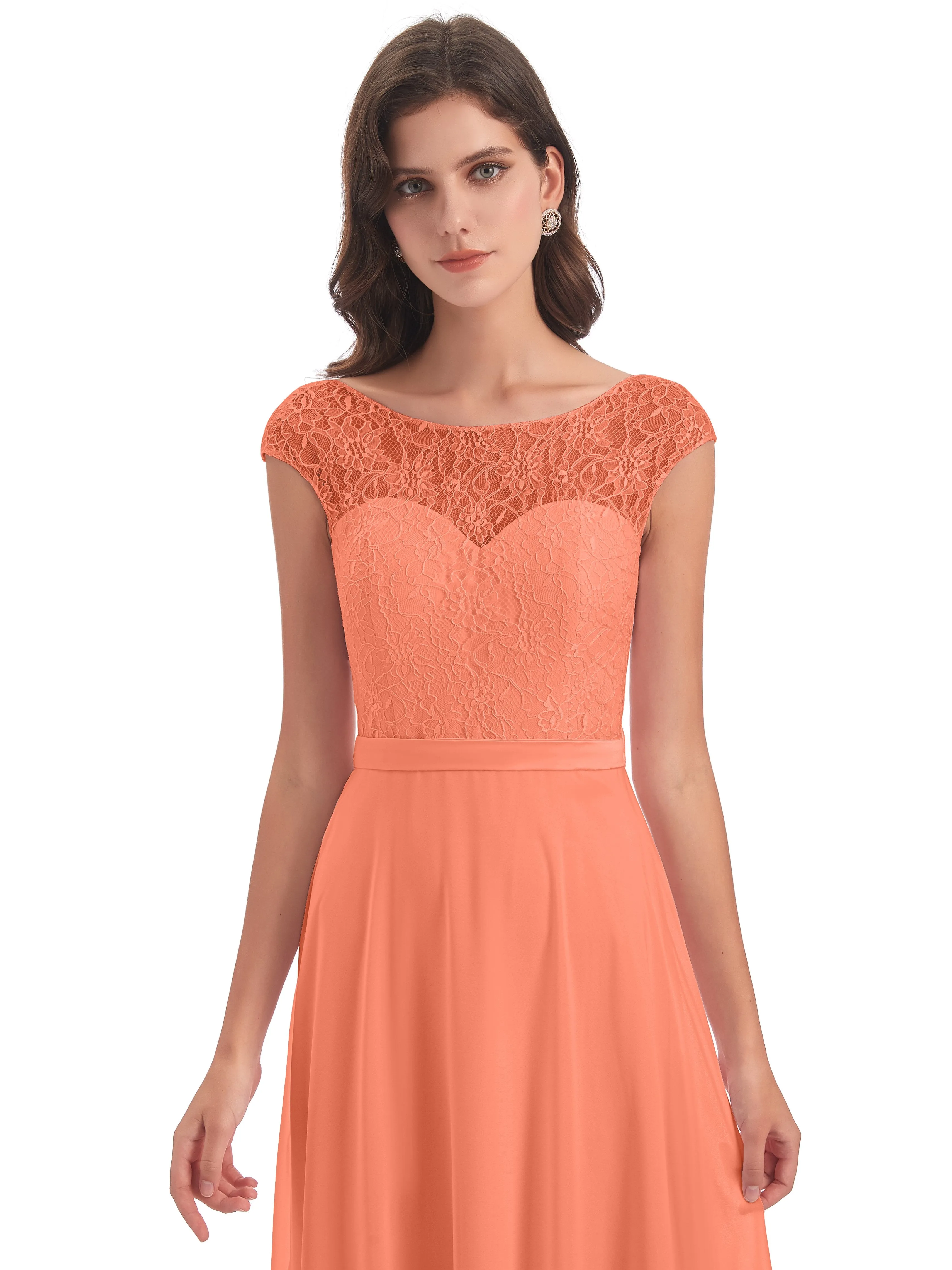 Anna Elegant Lace Cap Sleeves Long Bridesmaid Dresses