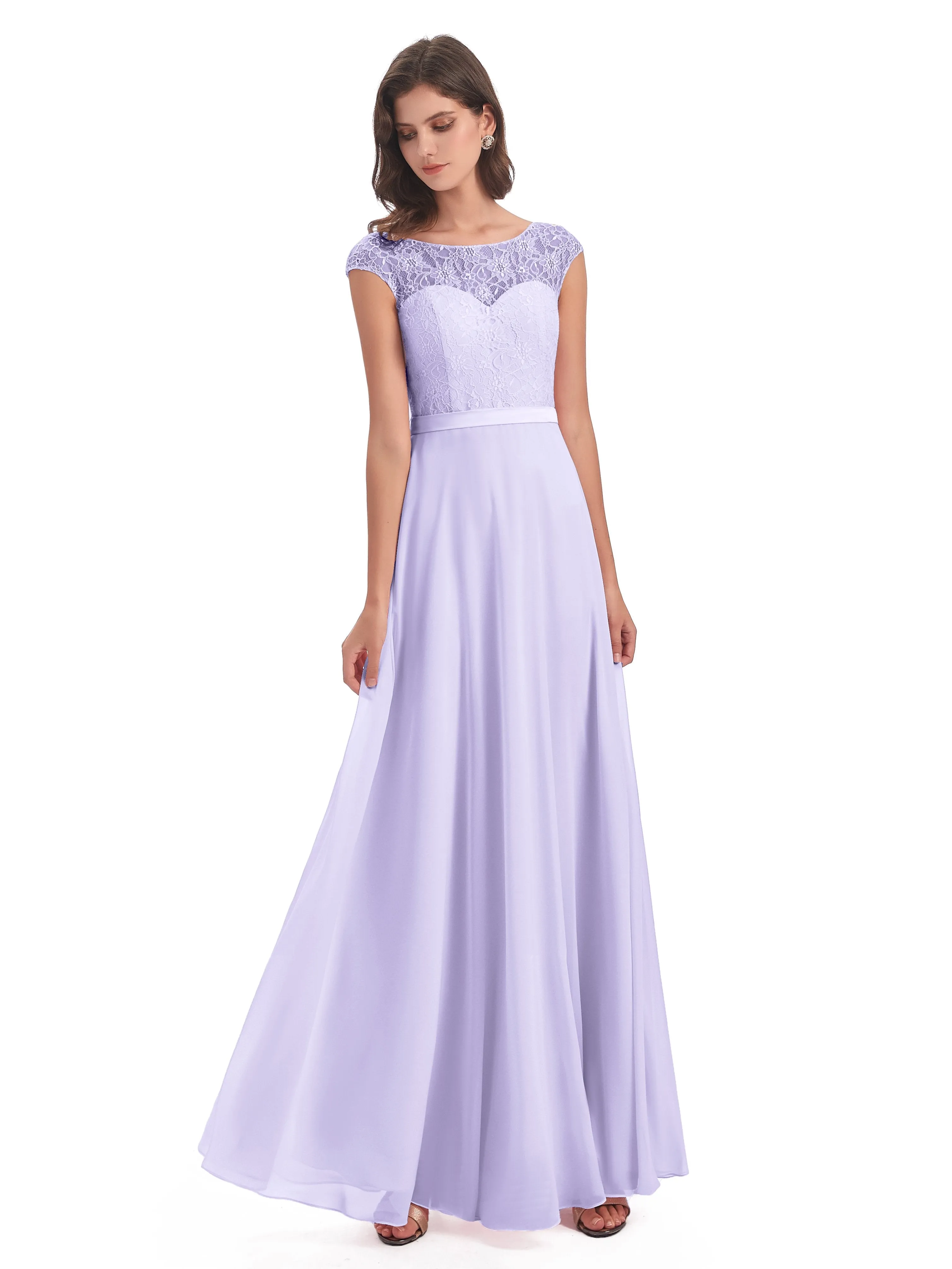 Anna Elegant Lace Cap Sleeves Long Bridesmaid Dresses