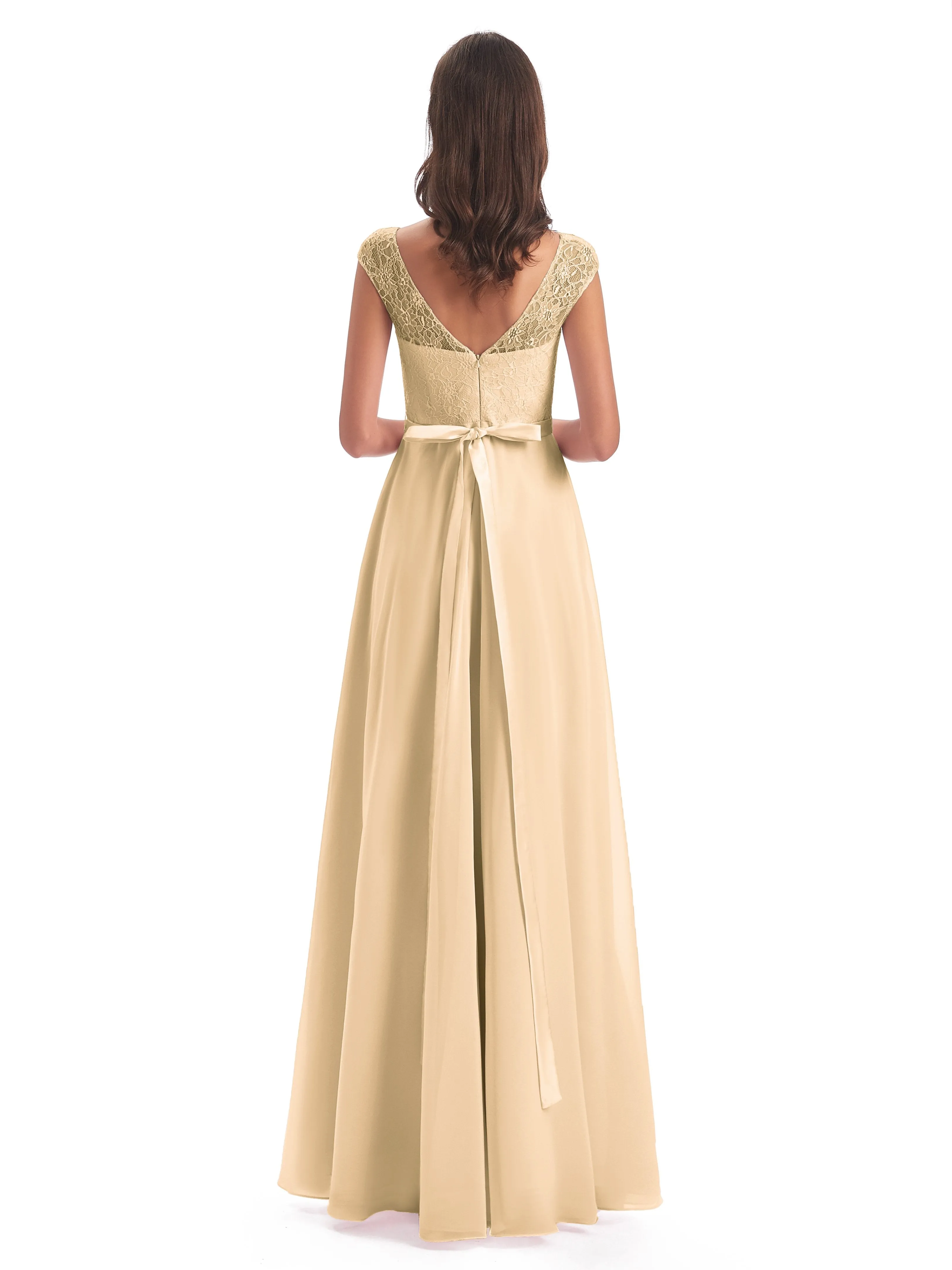 Anna Elegant Lace Cap Sleeves Long Bridesmaid Dresses