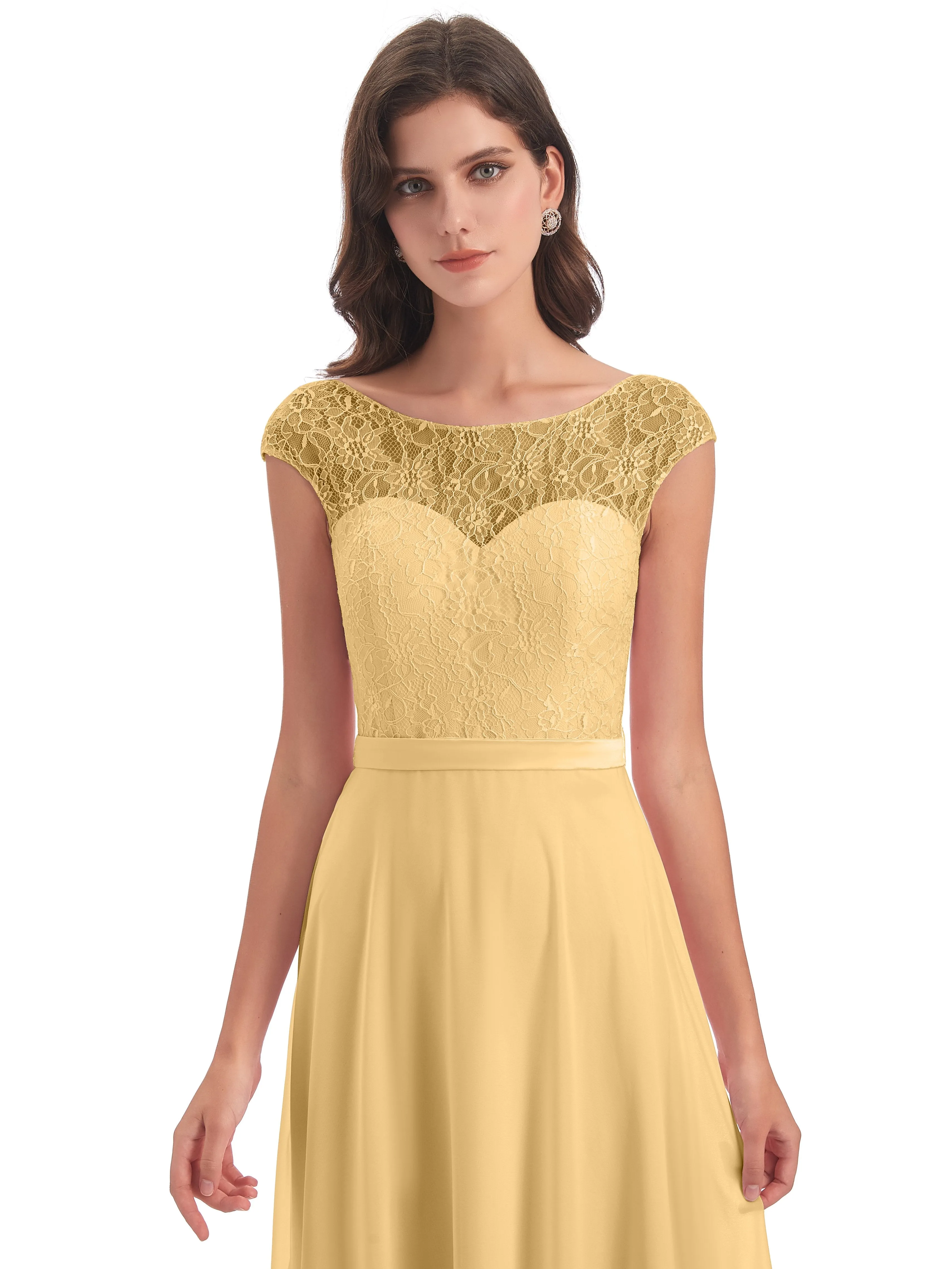 Anna Elegant Lace Cap Sleeves Long Bridesmaid Dresses