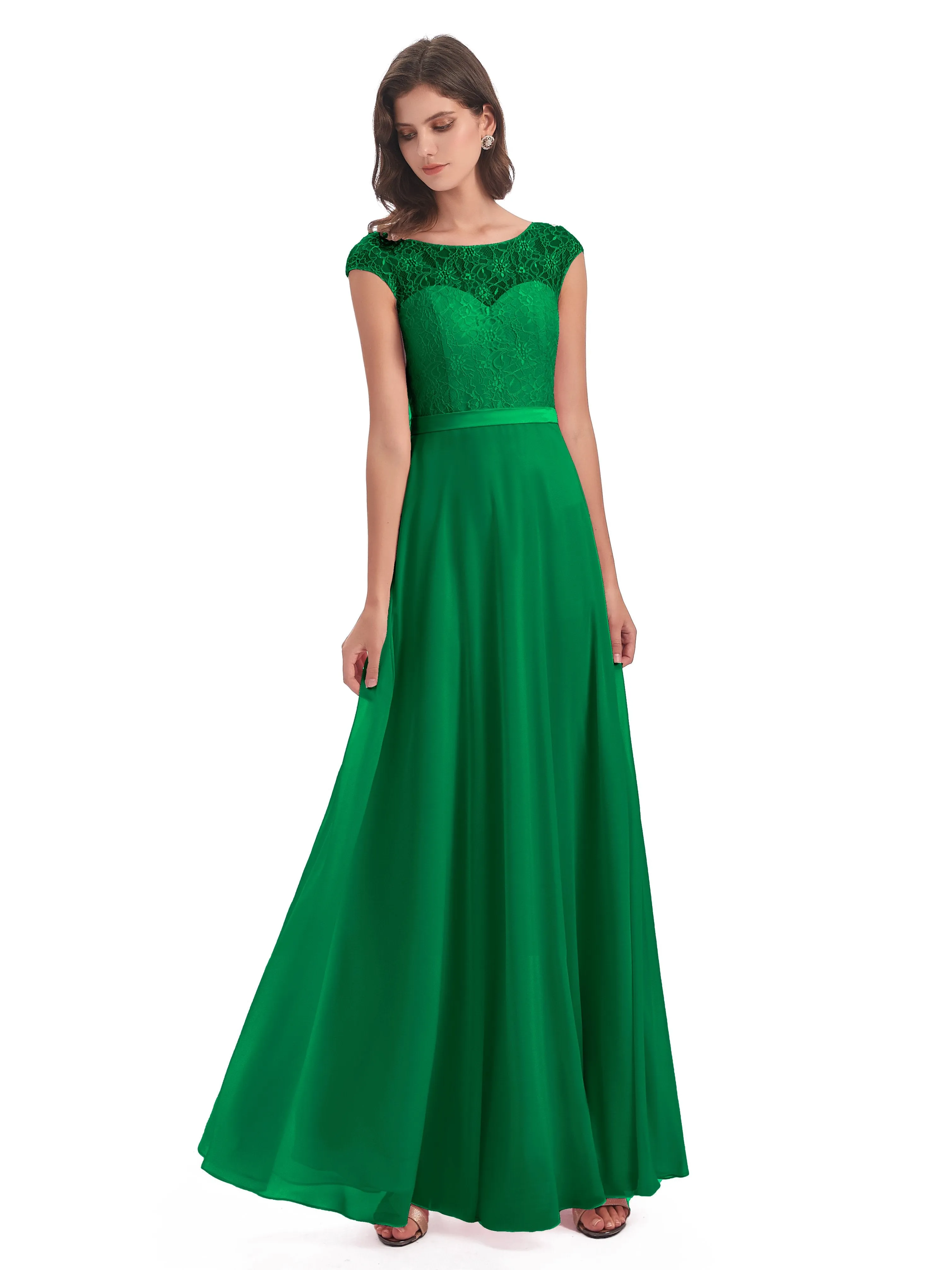 Anna Elegant Lace Cap Sleeves Long Bridesmaid Dresses