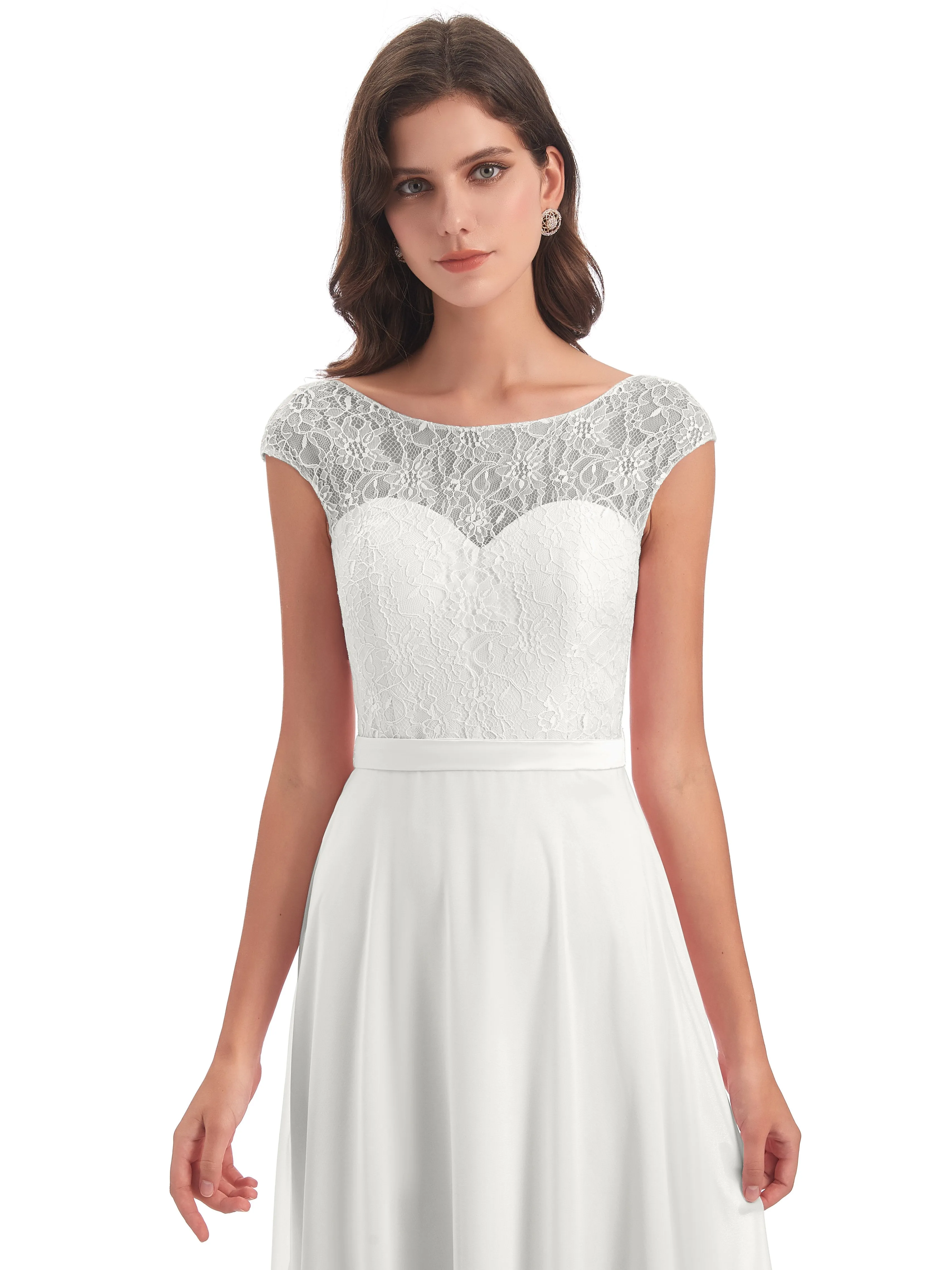 Anna Elegant Lace Cap Sleeves Long Bridesmaid Dresses