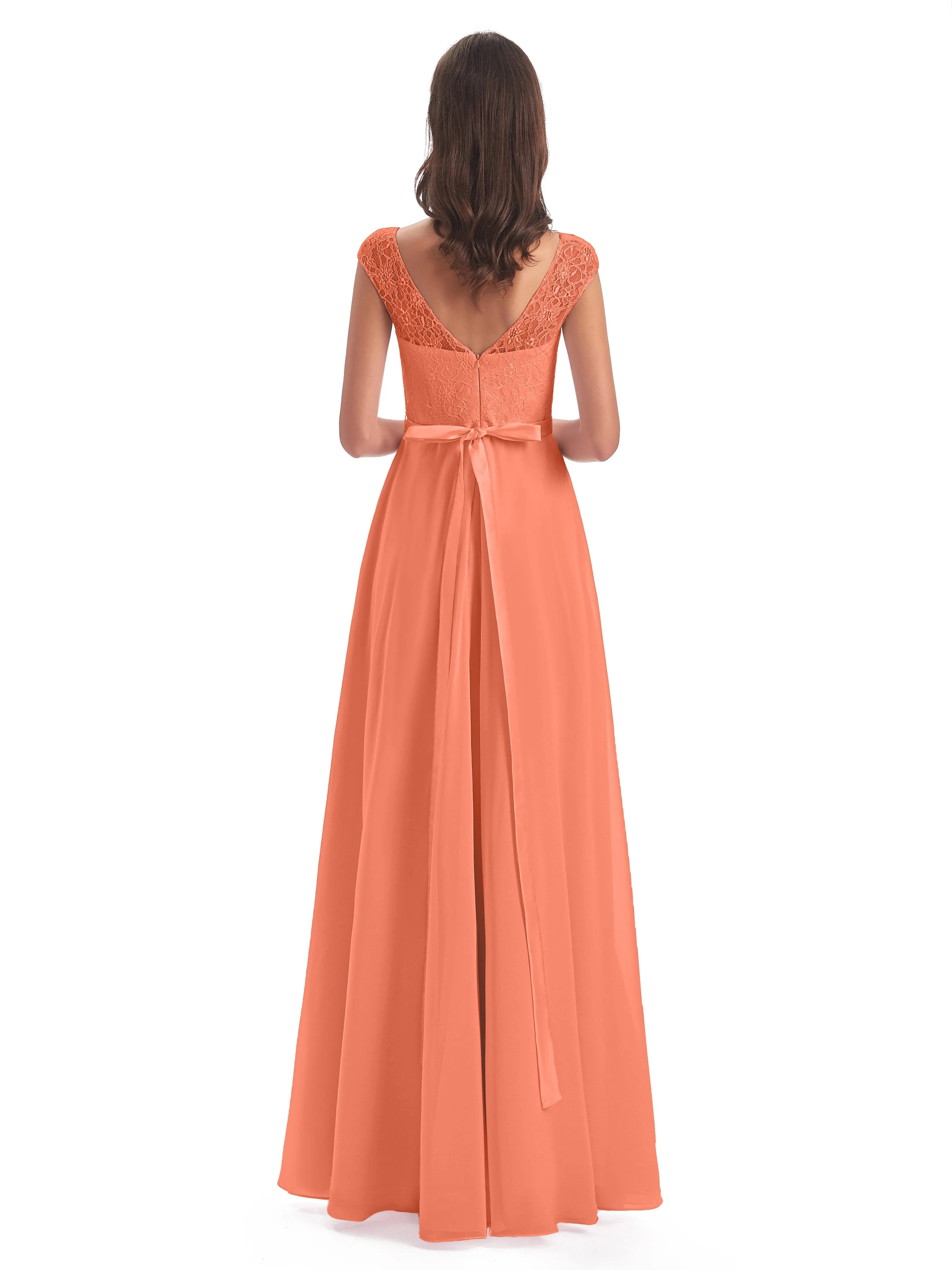 Anna Elegant Lace Cap Sleeves Long Bridesmaid Dresses