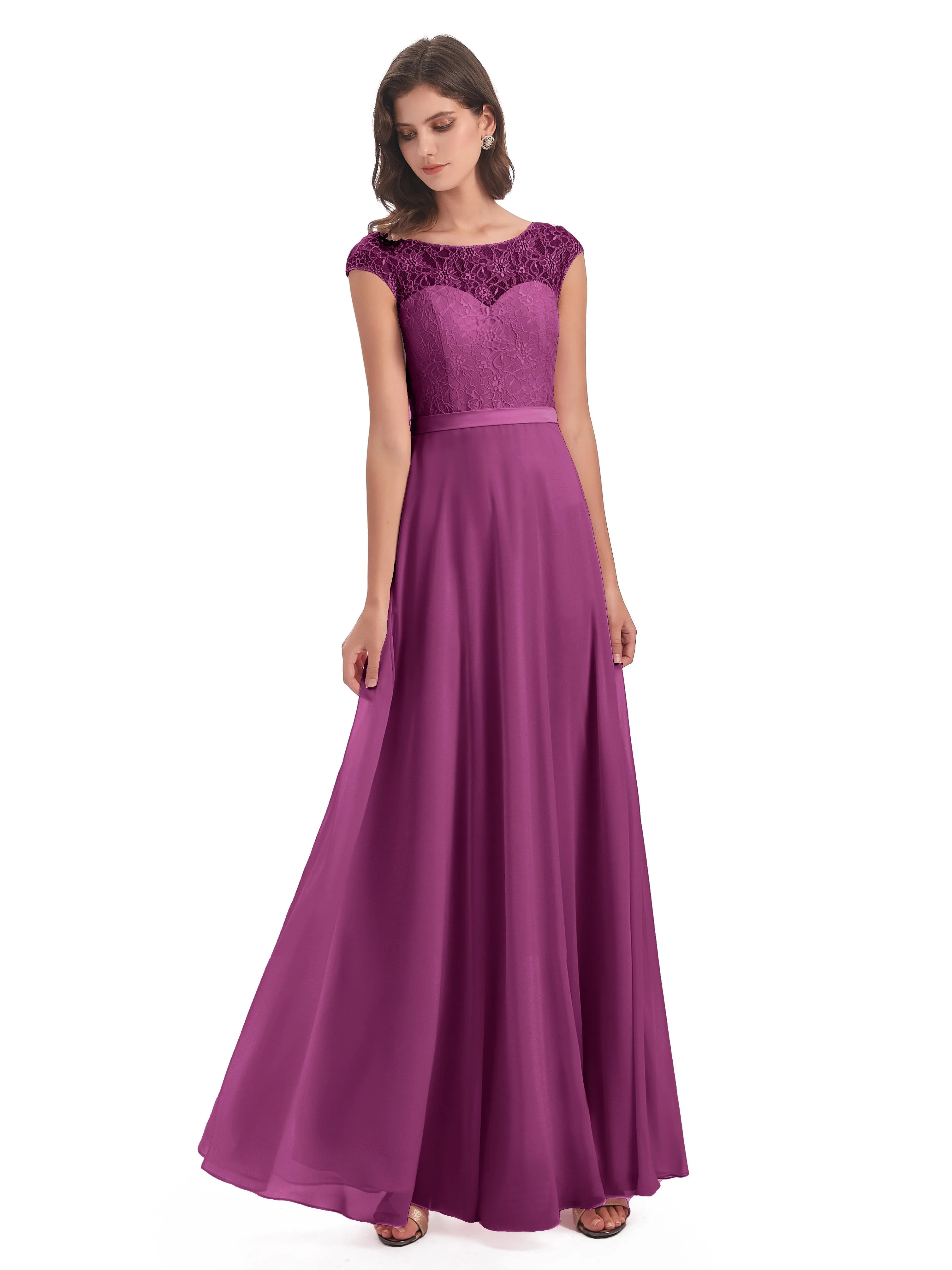 Anna Elegant Lace Cap Sleeves Long Bridesmaid Dresses