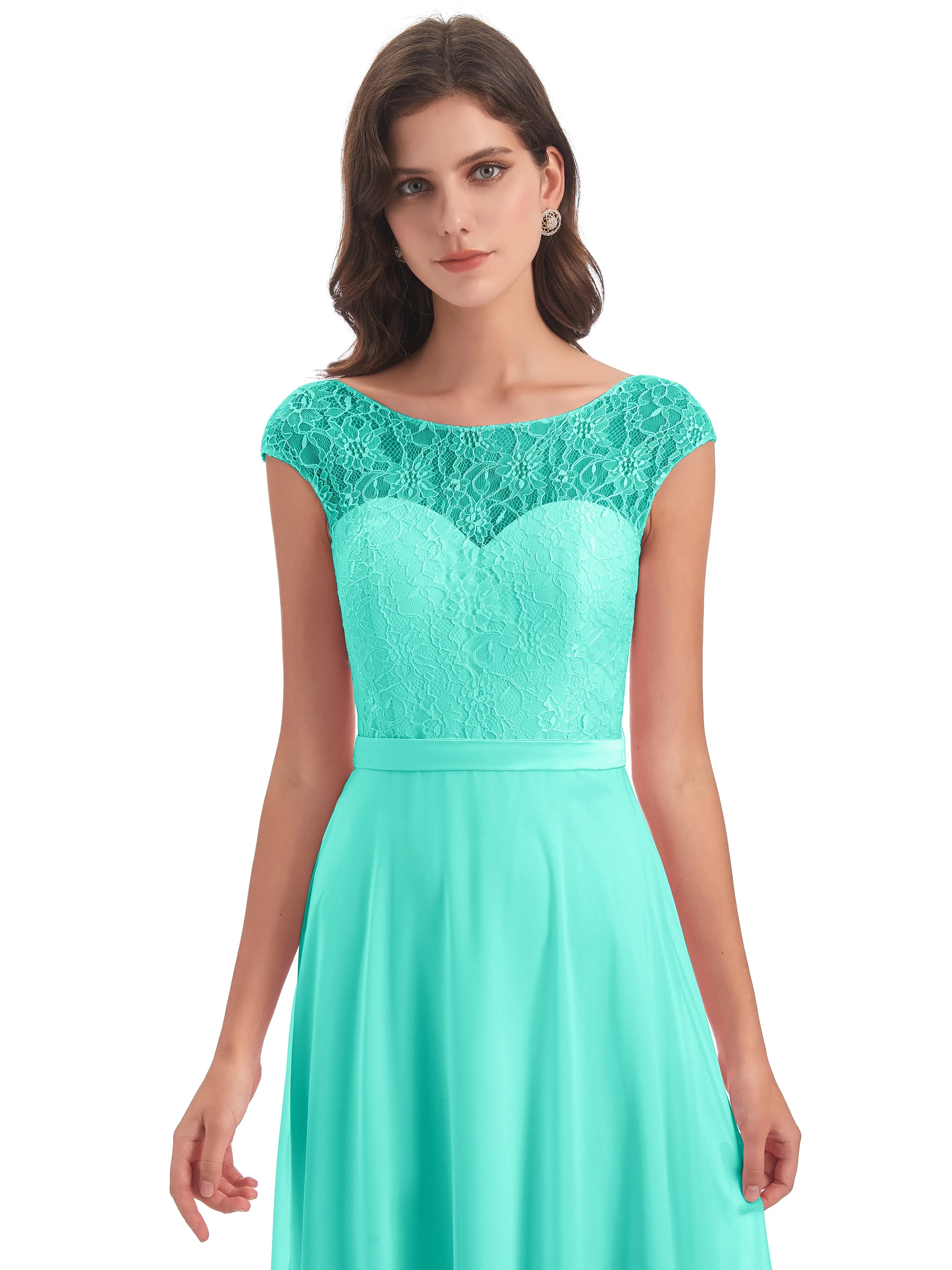 Anna Elegant Lace Cap Sleeves Long Bridesmaid Dresses