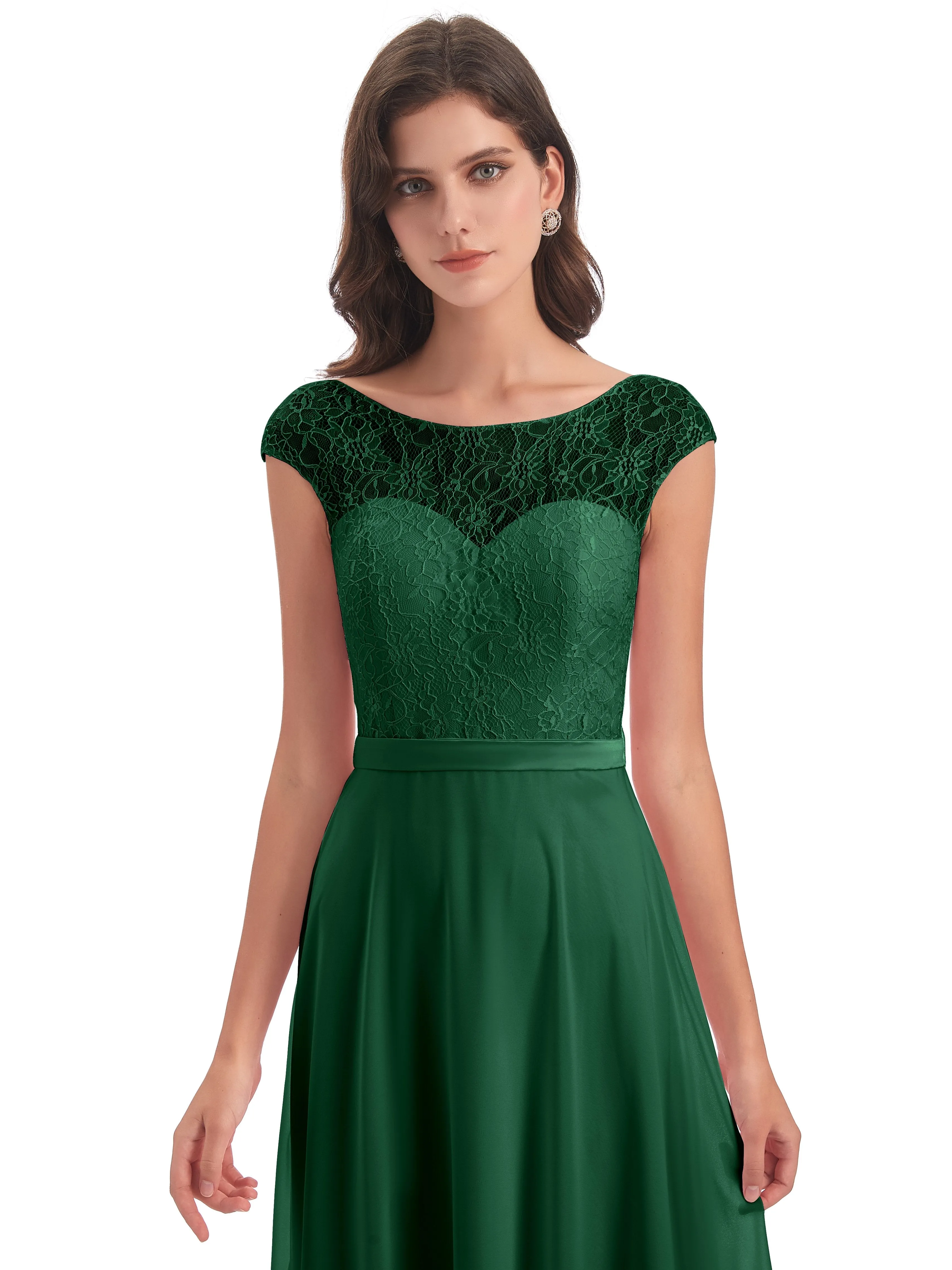 Anna Elegant Lace Cap Sleeves Long Bridesmaid Dresses