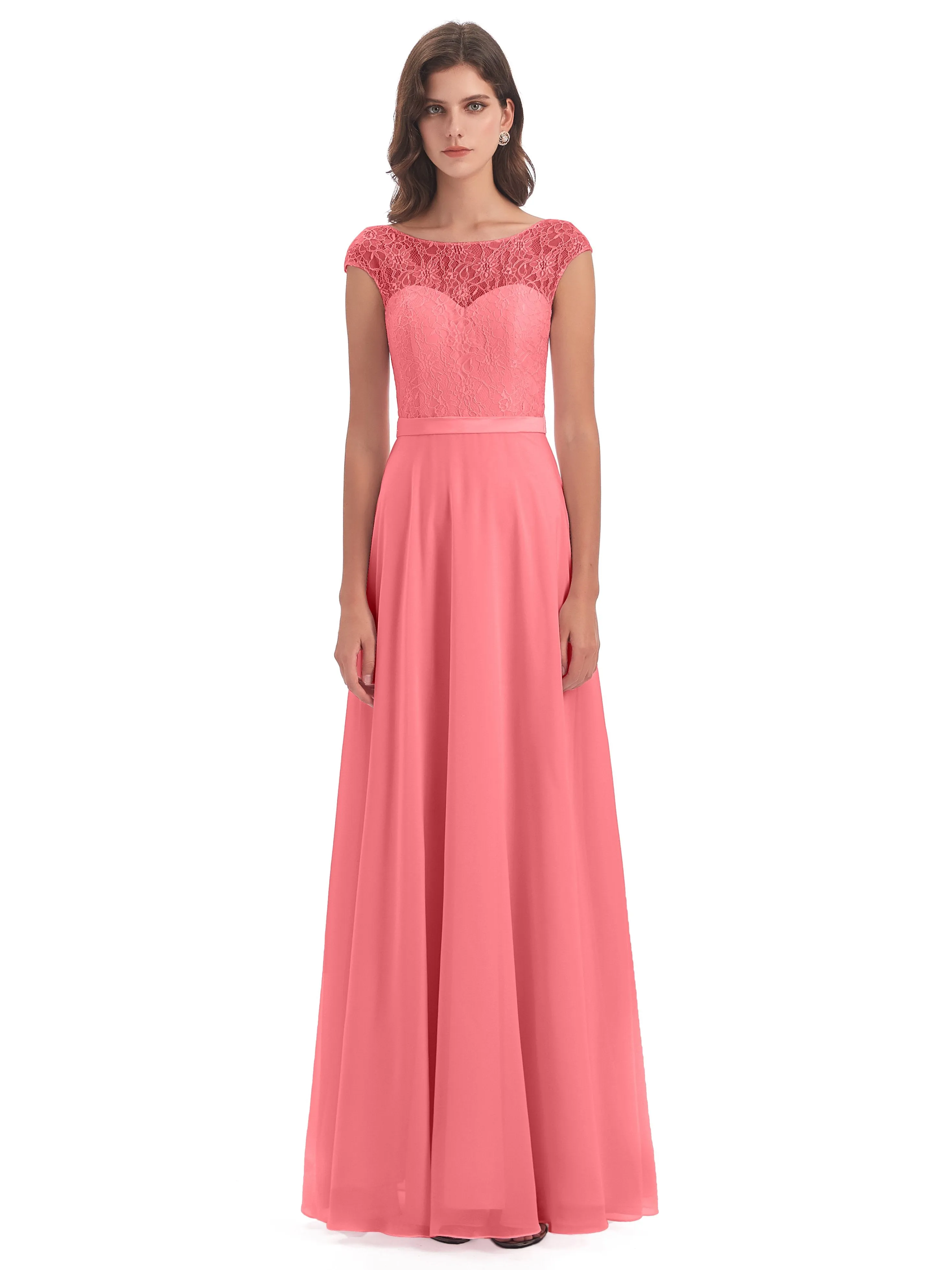 Anna Elegant Lace Cap Sleeves Long Bridesmaid Dresses