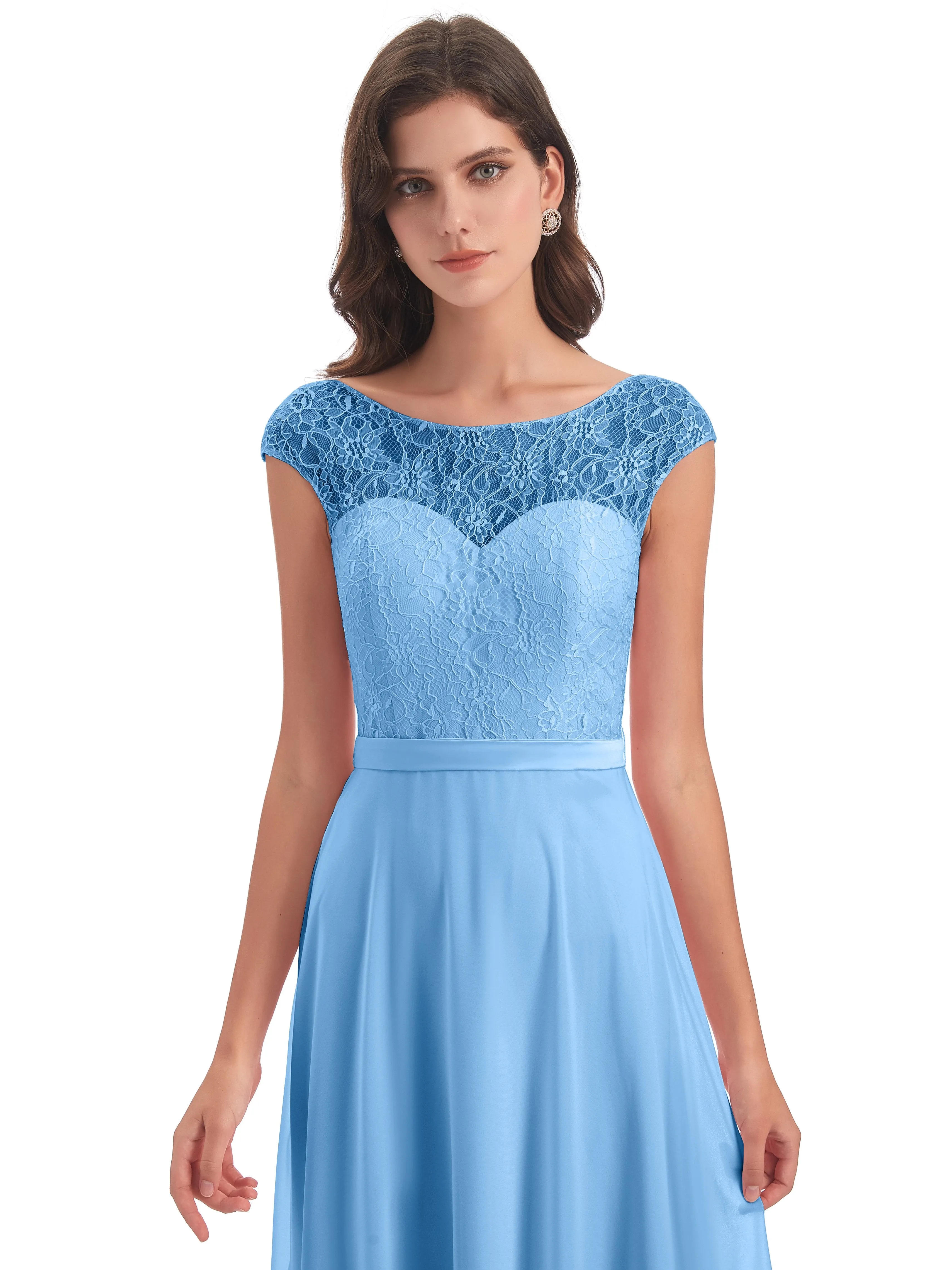 Anna Elegant Lace Cap Sleeves Long Bridesmaid Dresses