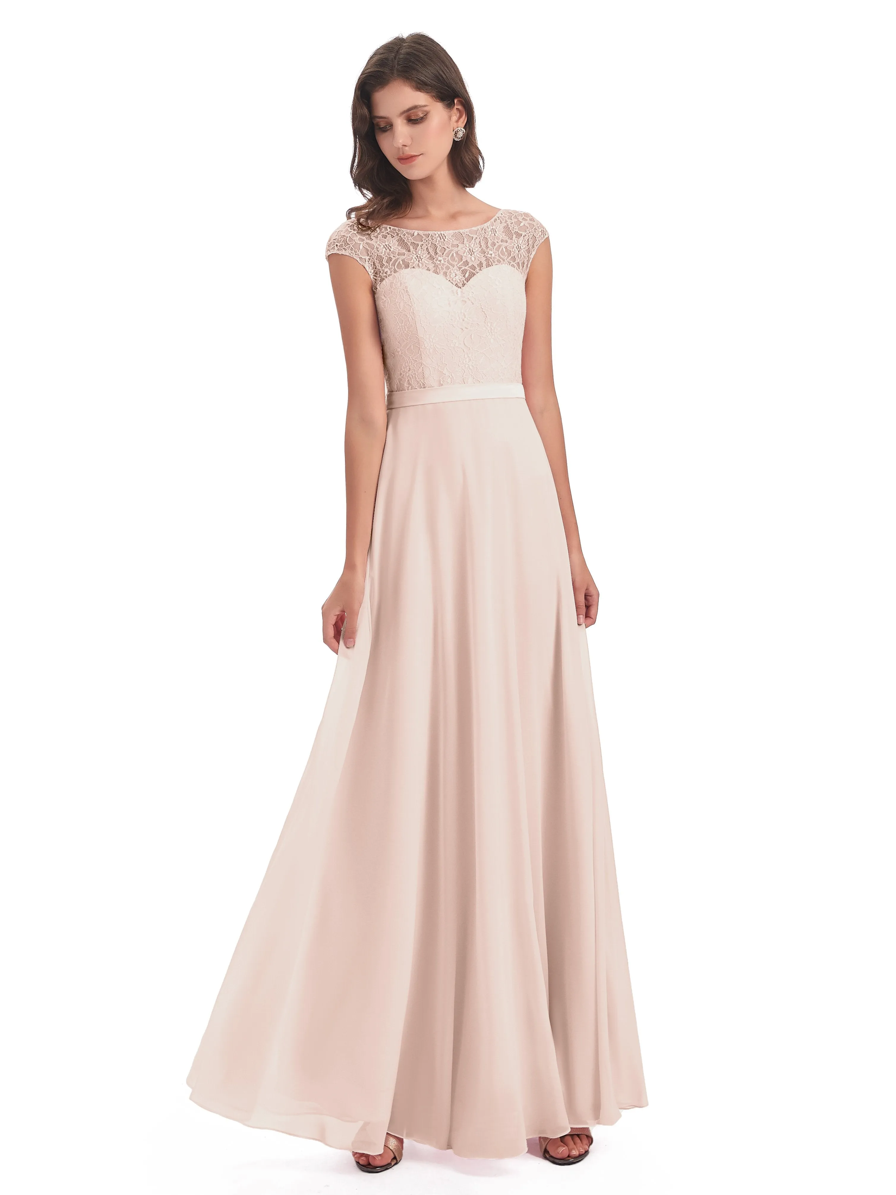 Anna Elegant Lace Cap Sleeves Long Bridesmaid Dresses