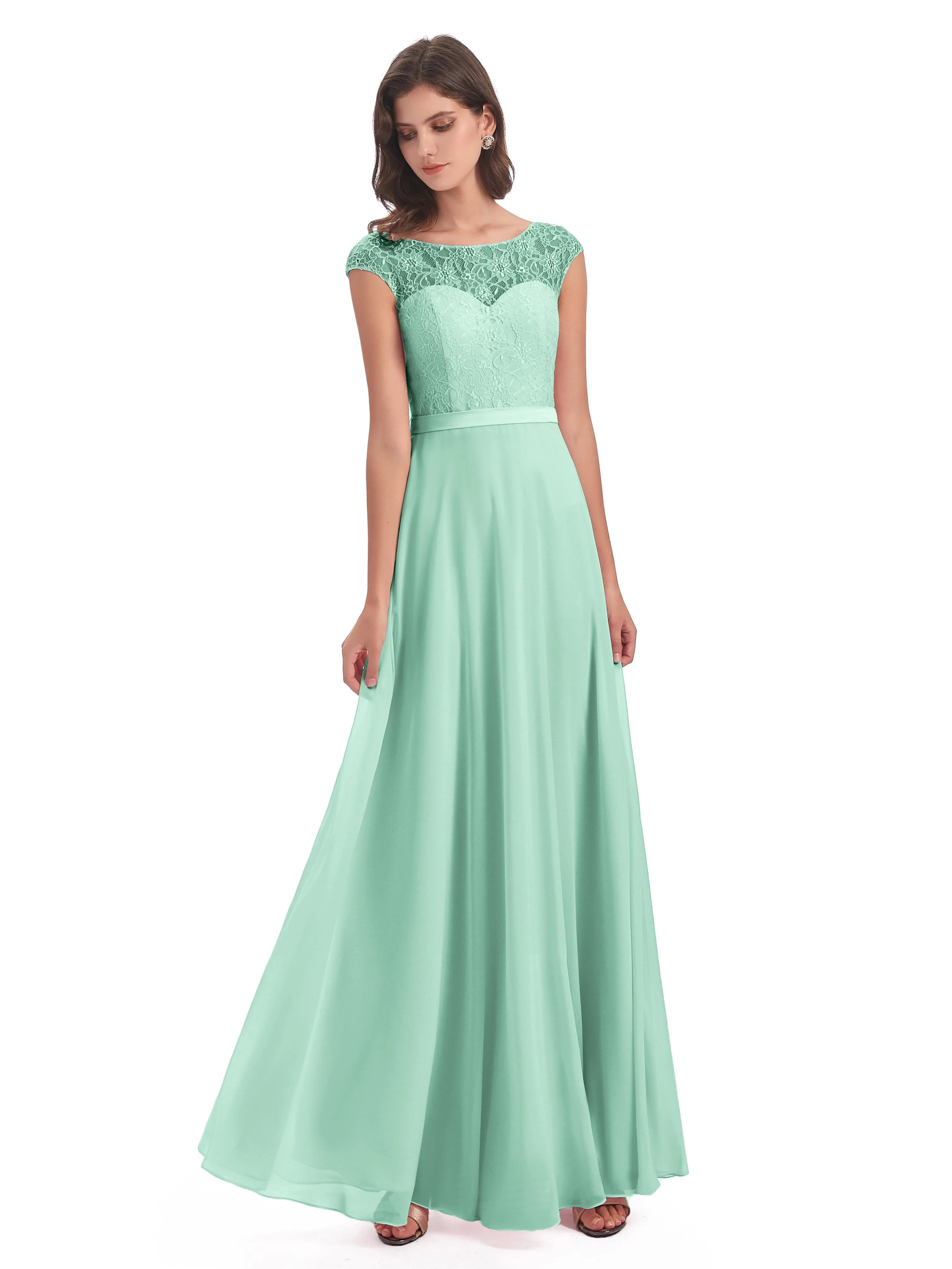 Anna Elegant Lace Cap Sleeves Long Bridesmaid Dresses