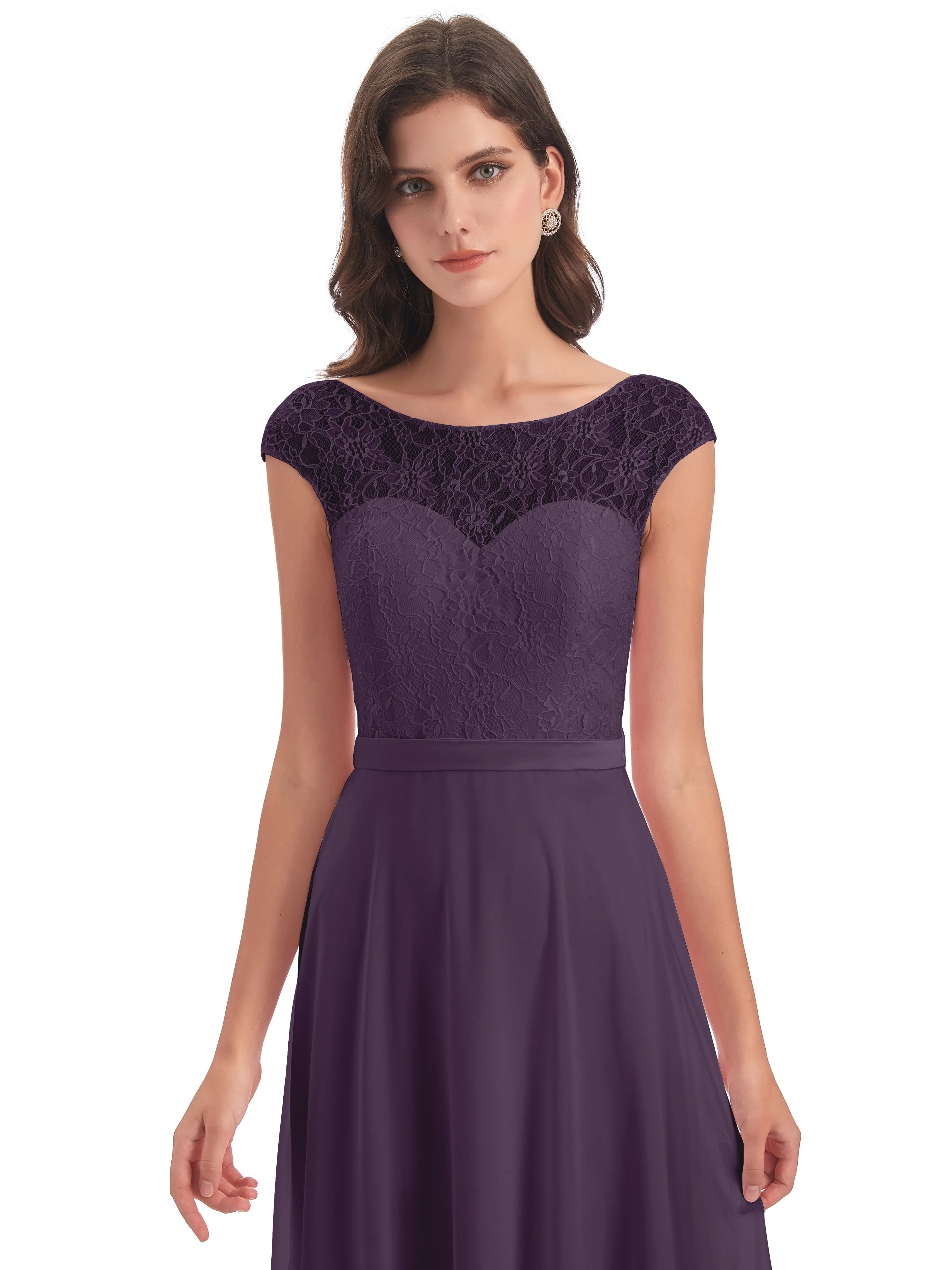 Anna Elegant Lace Cap Sleeves Long Bridesmaid Dresses