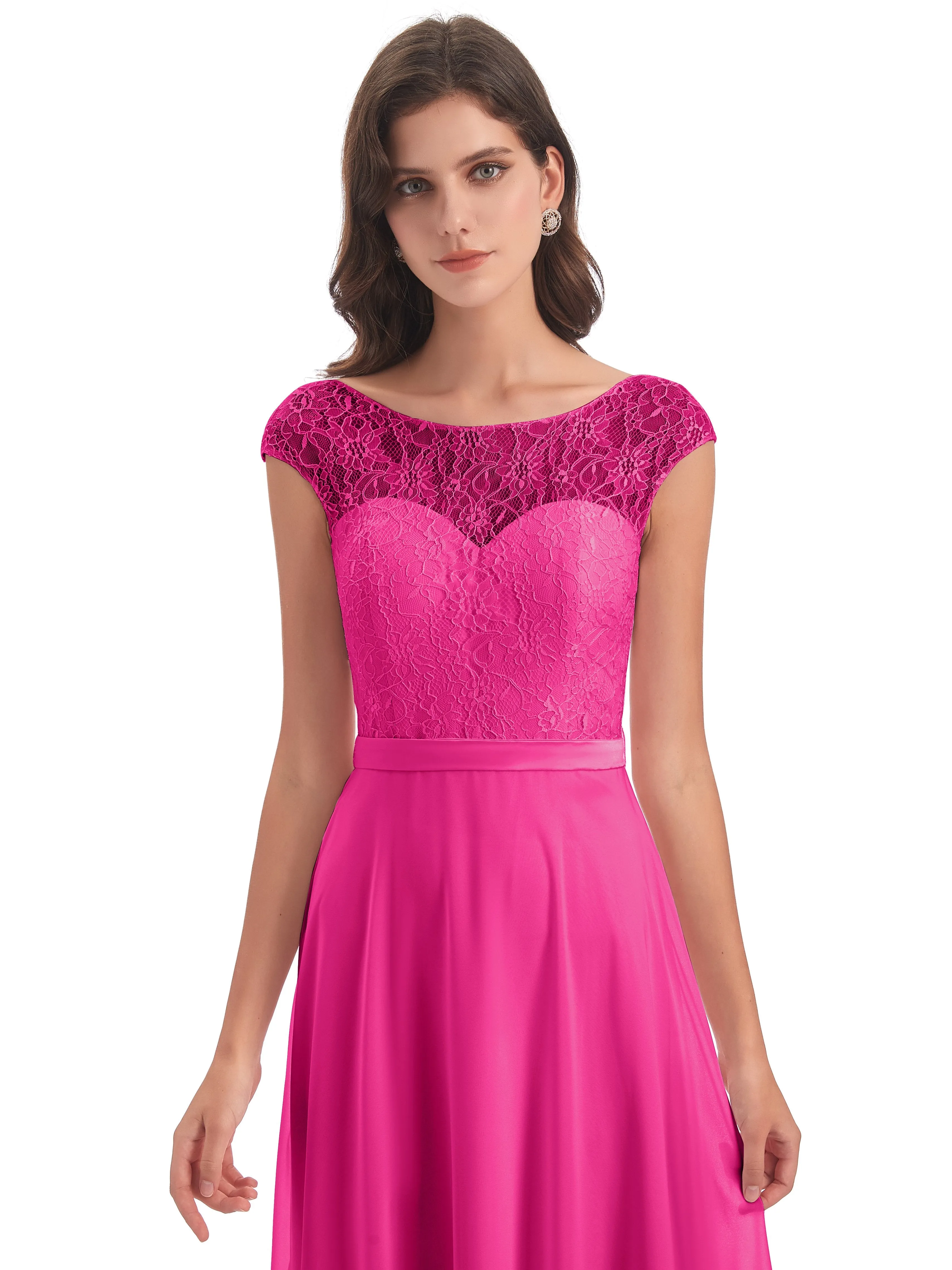 Anna Elegant Lace Cap Sleeves Long Bridesmaid Dresses