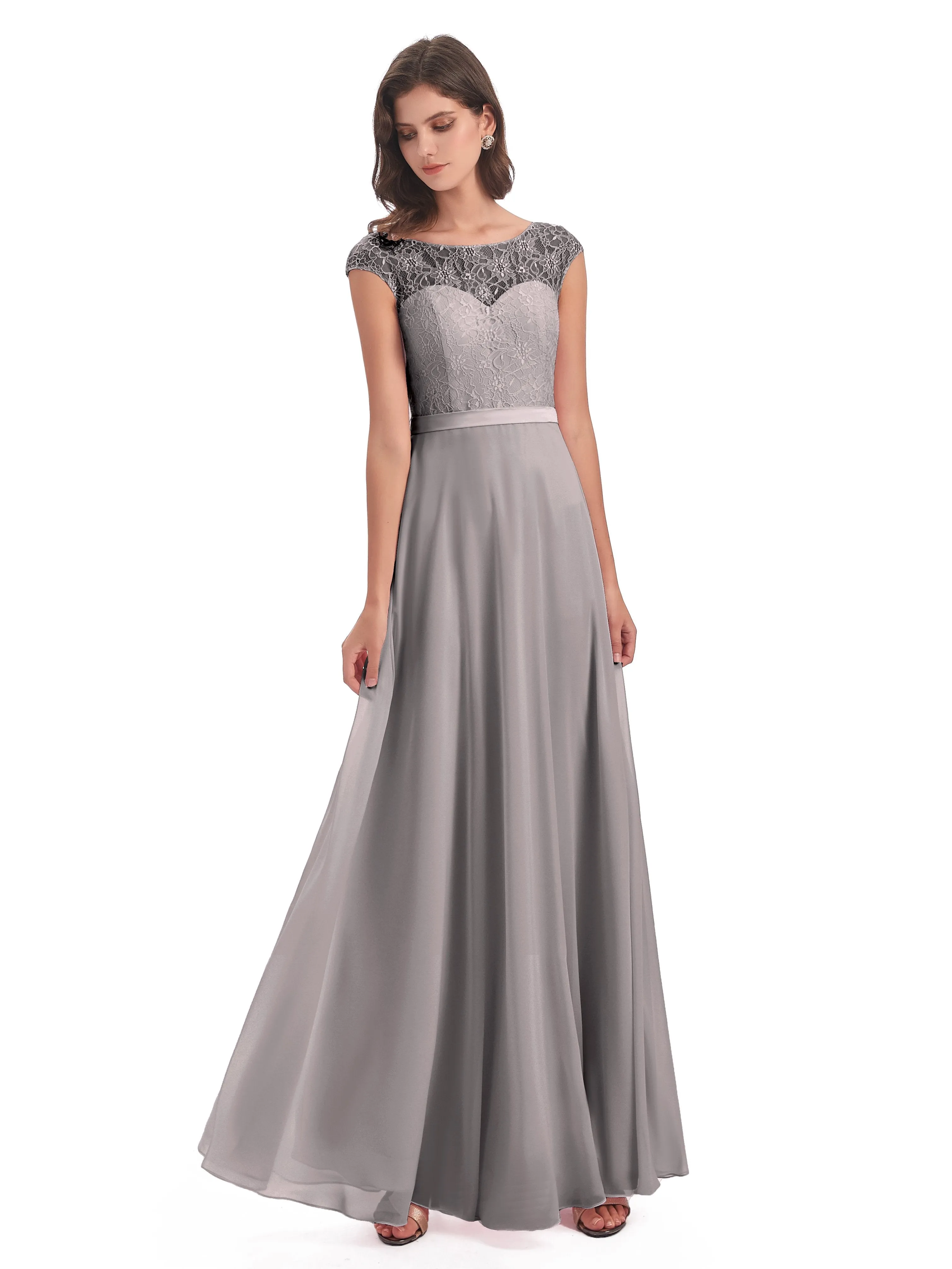 Anna Elegant Lace Cap Sleeves Long Bridesmaid Dresses