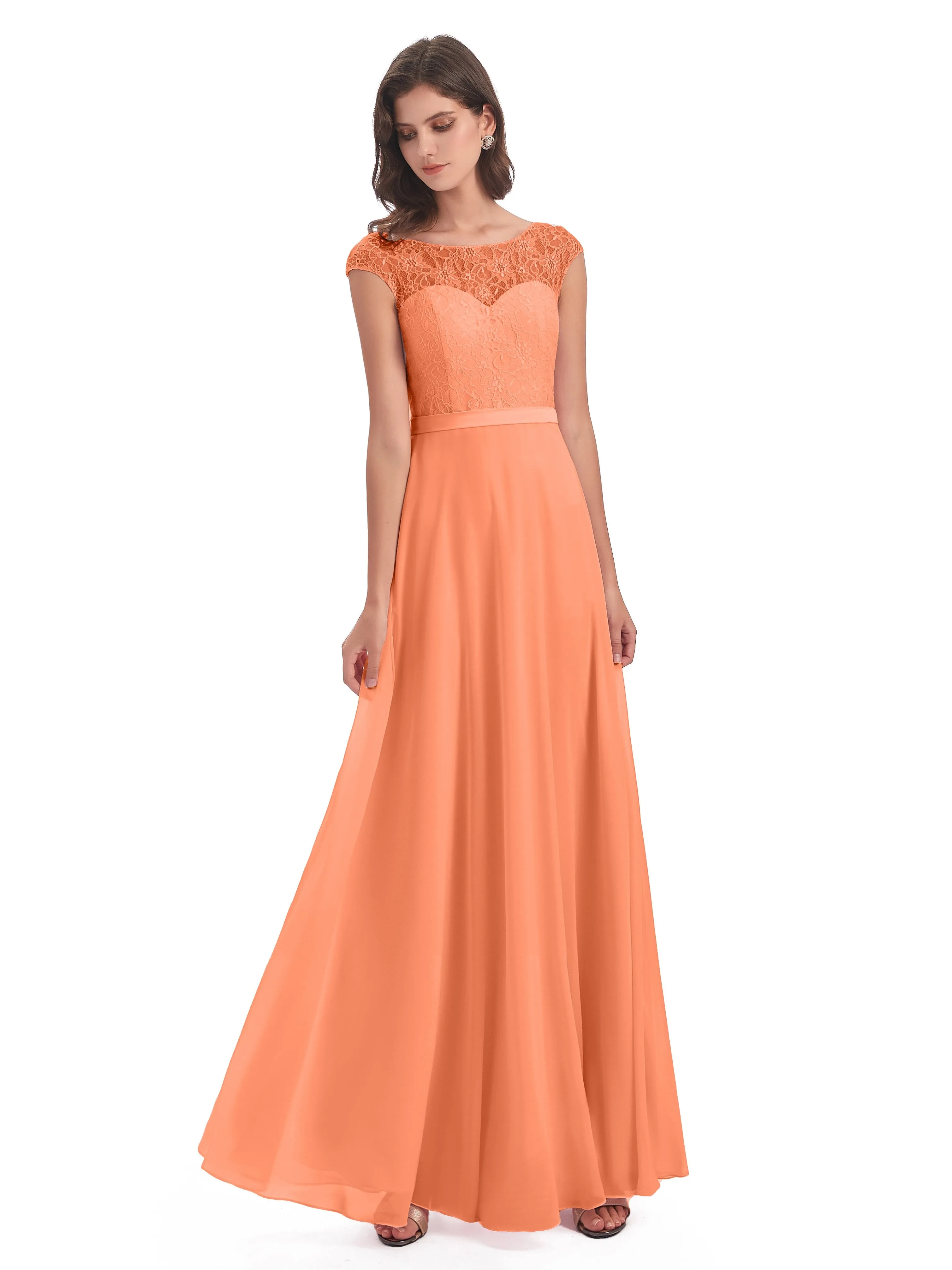 Anna Elegant Lace Cap Sleeves Long Bridesmaid Dresses