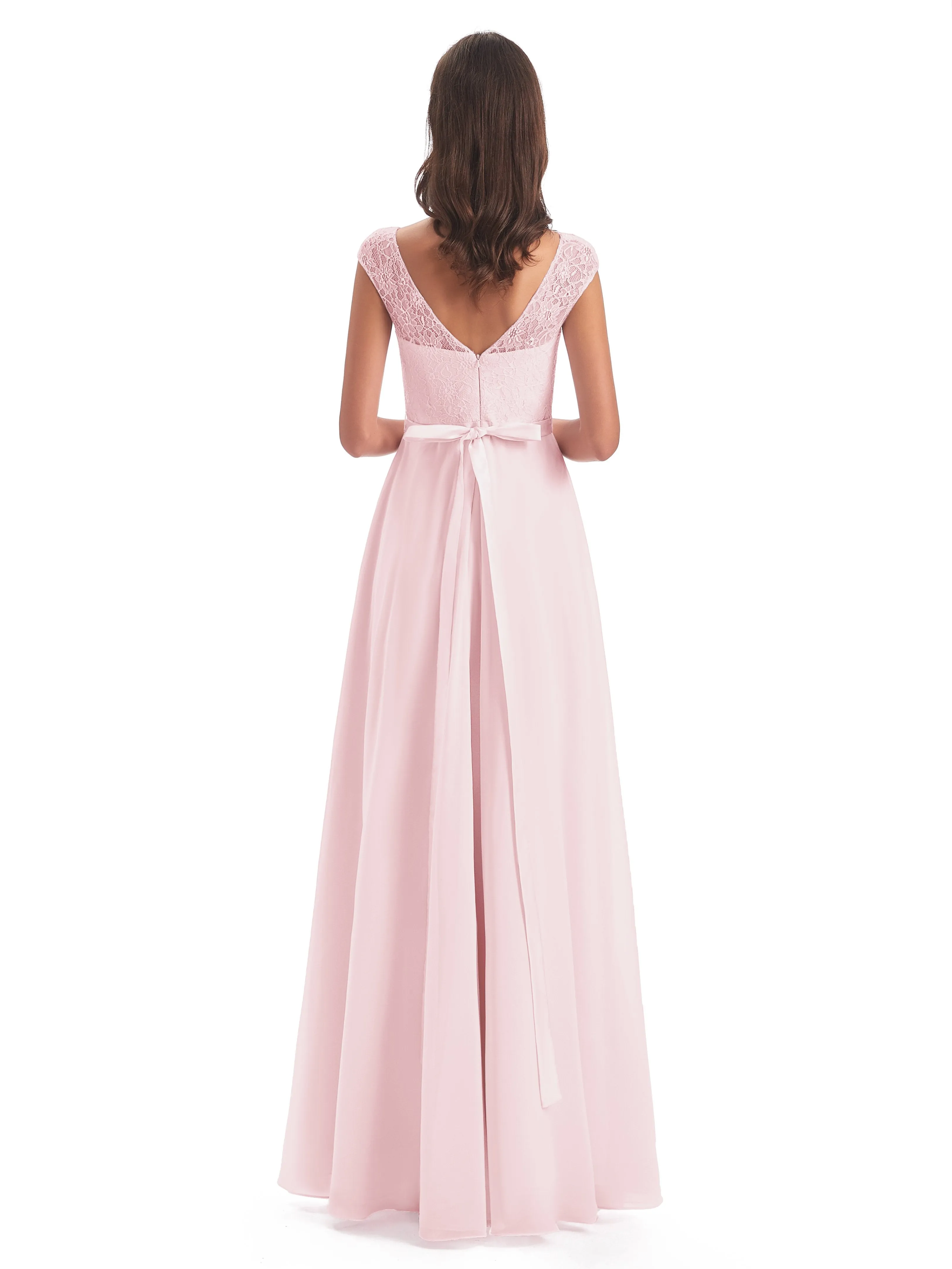 Anna Elegant Lace Cap Sleeves Long Bridesmaid Dresses