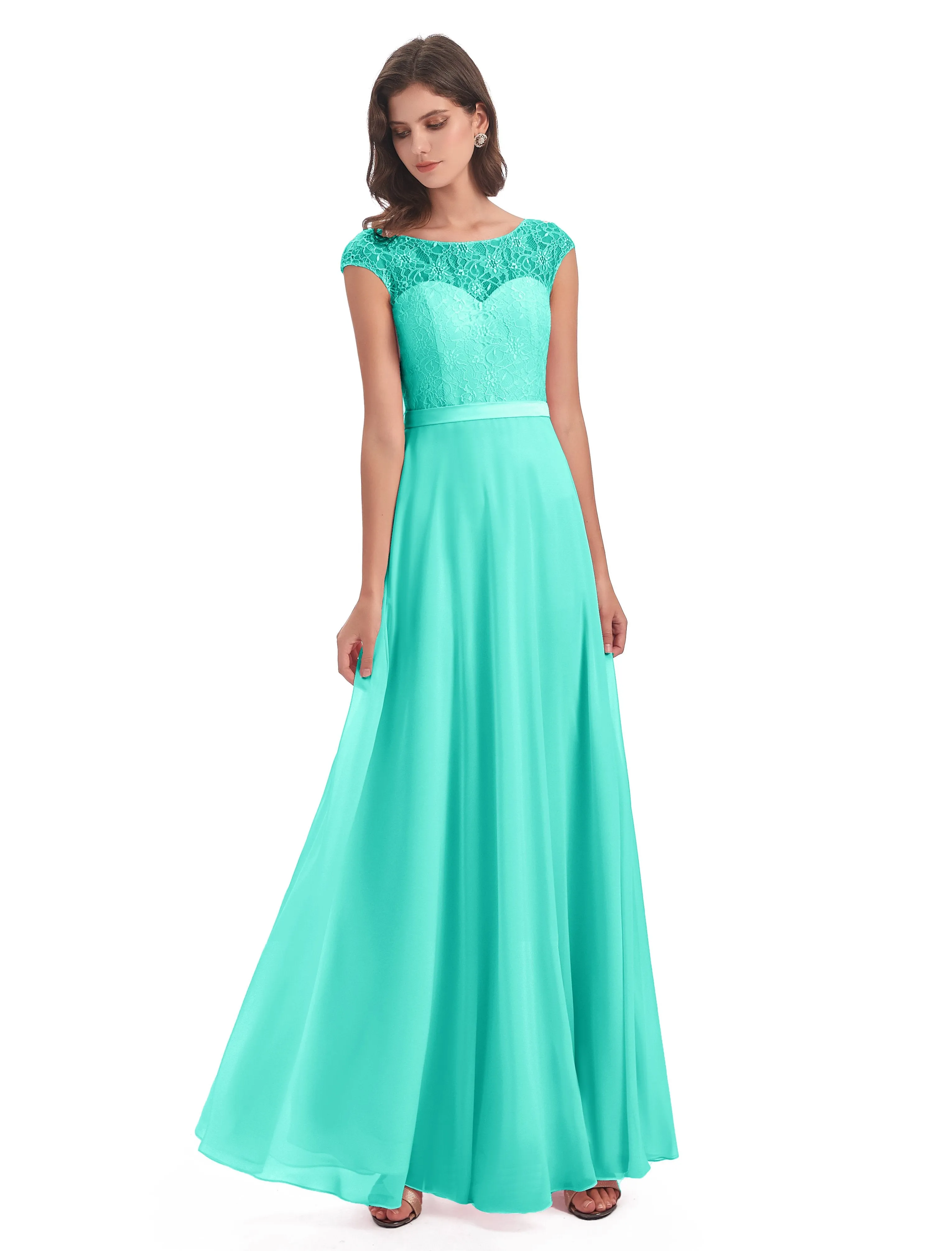 Anna Elegant Lace Cap Sleeves Long Bridesmaid Dresses