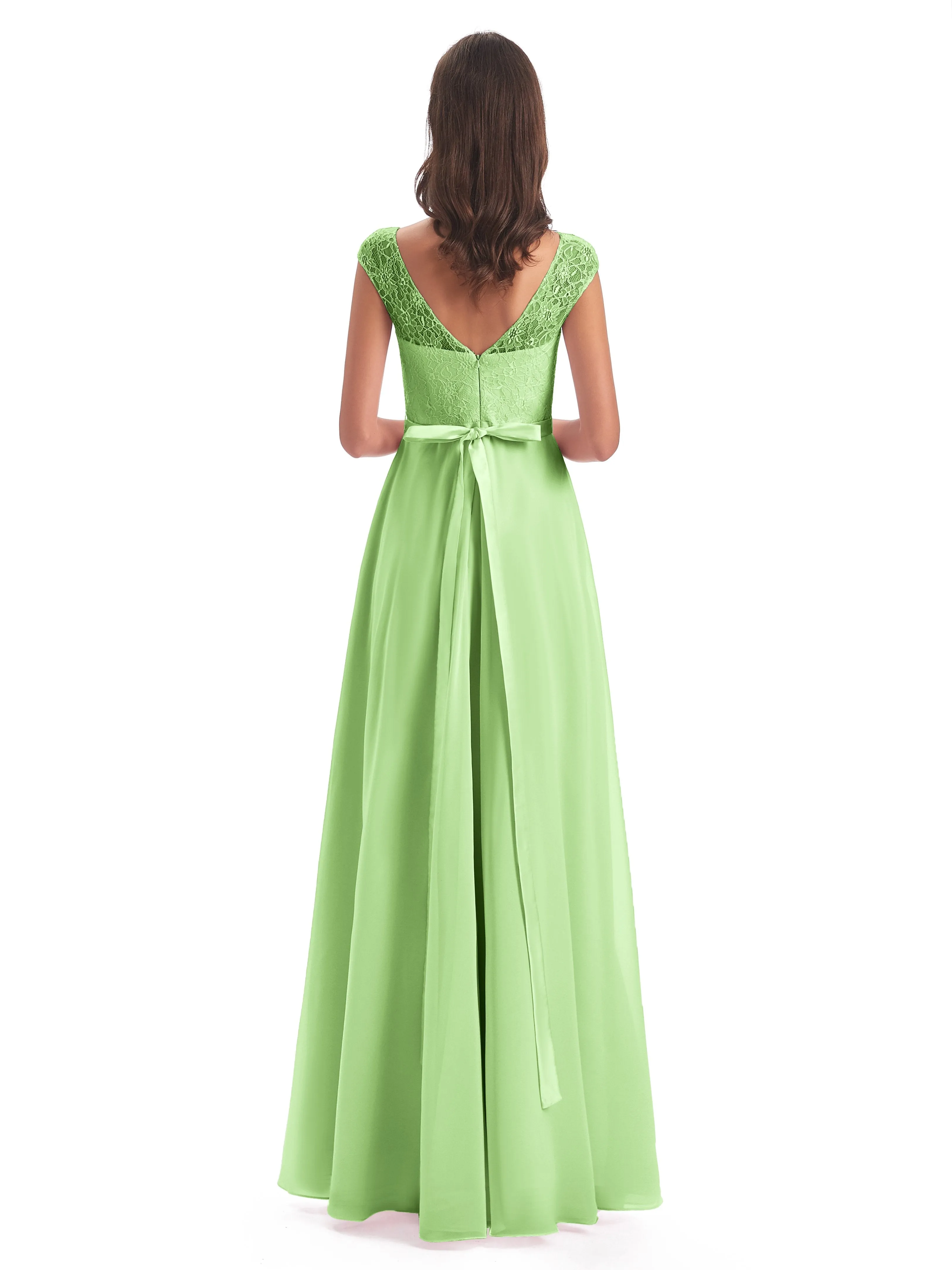 Anna Elegant Lace Cap Sleeves Long Bridesmaid Dresses