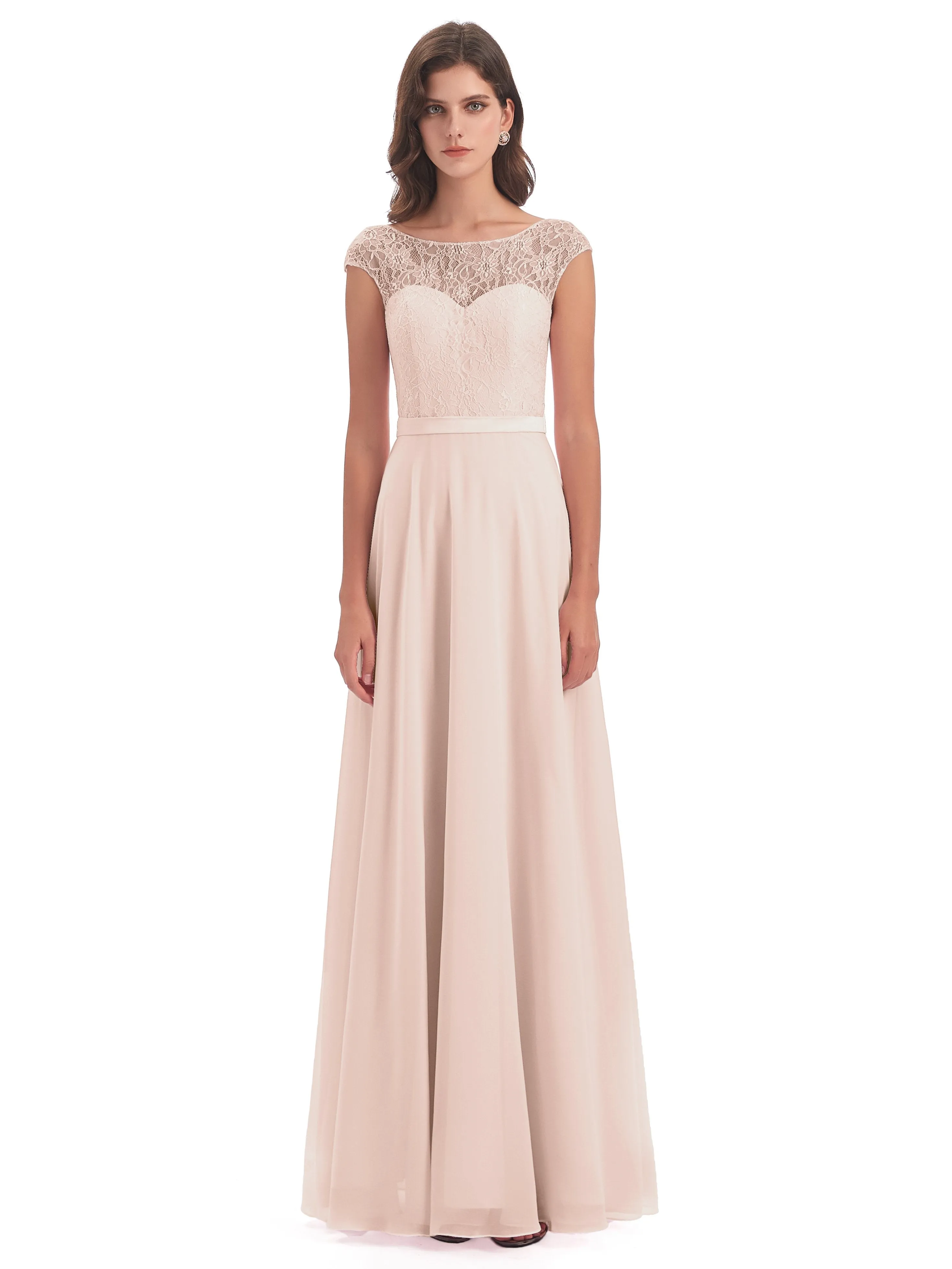 Anna Elegant Lace Cap Sleeves Long Bridesmaid Dresses