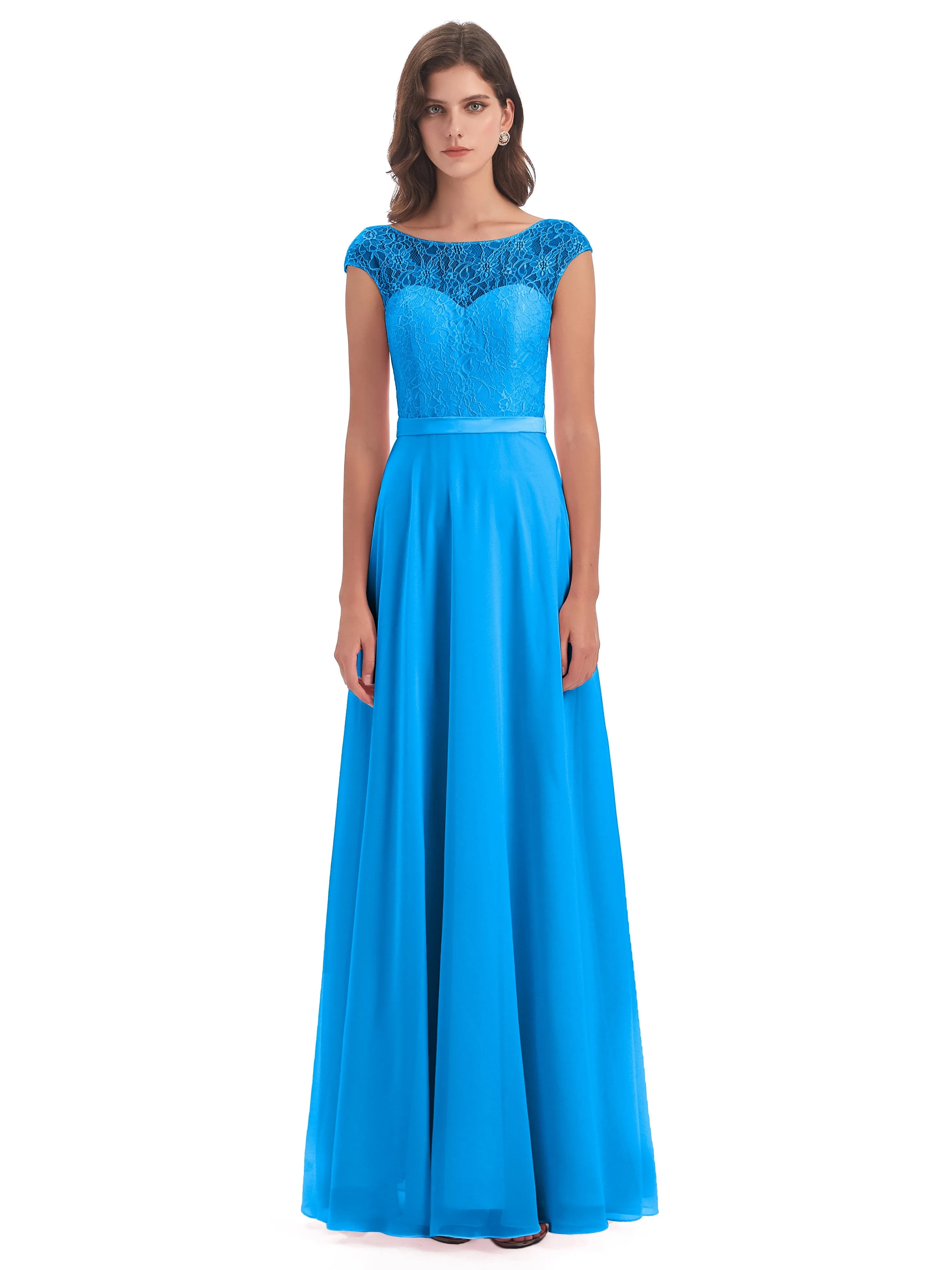 Anna Elegant Lace Cap Sleeves Long Bridesmaid Dresses